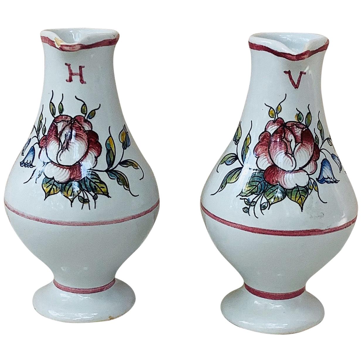 French Faience Oil & Vinegar Pitchers  For Sale