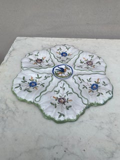 French Faience Oyster Plate with Bird Moustiers Style Circa 1940