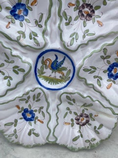 French Faience Oyster Plate with Bird Moustiers Style Circa 1940
