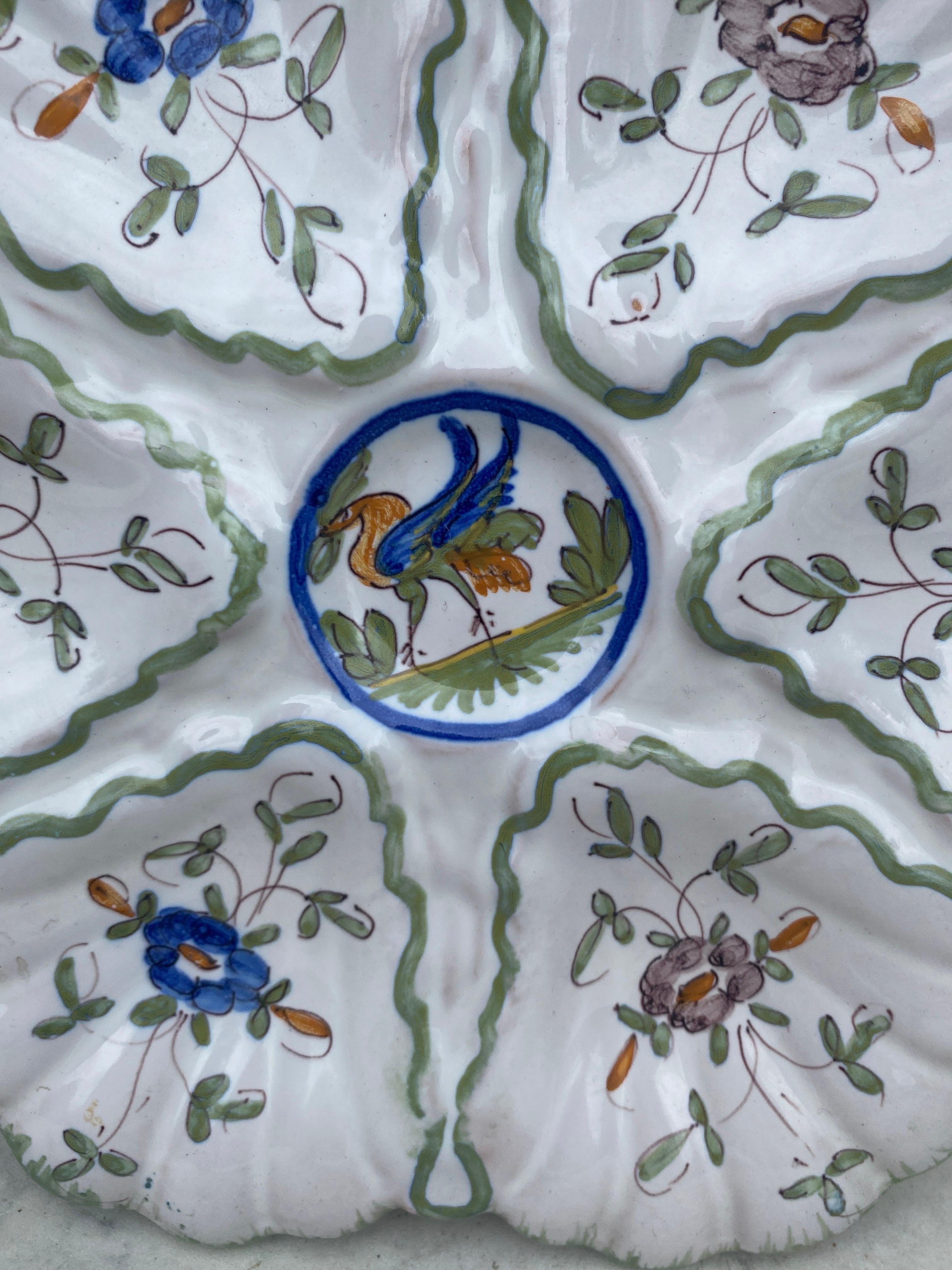 French Provincial French Faience Oyster Plate with Bird Moustiers Style Circa 1940 For Sale