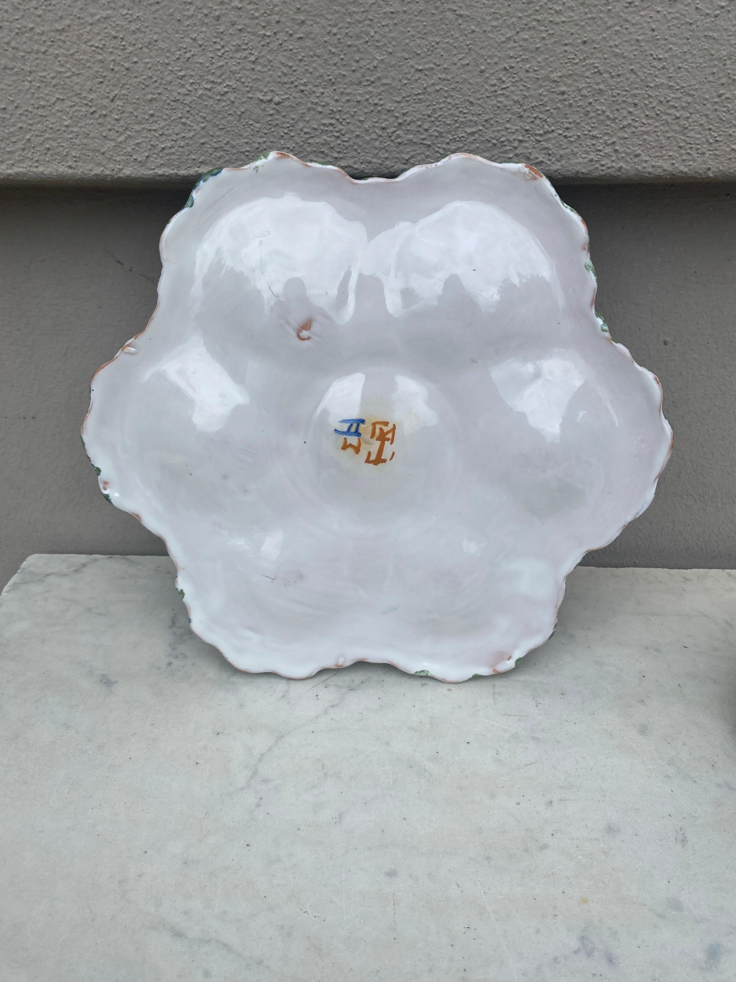 French Faience Oyster Plate with Bird Moustiers Style Circa 1940 In Good Condition For Sale In Austin, TX