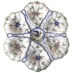 French Faience Oyster Plate with Bird Moustiers Style