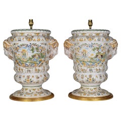 French Faience Pair of Moustiers Style Compana Form 19th Century Table Lamps