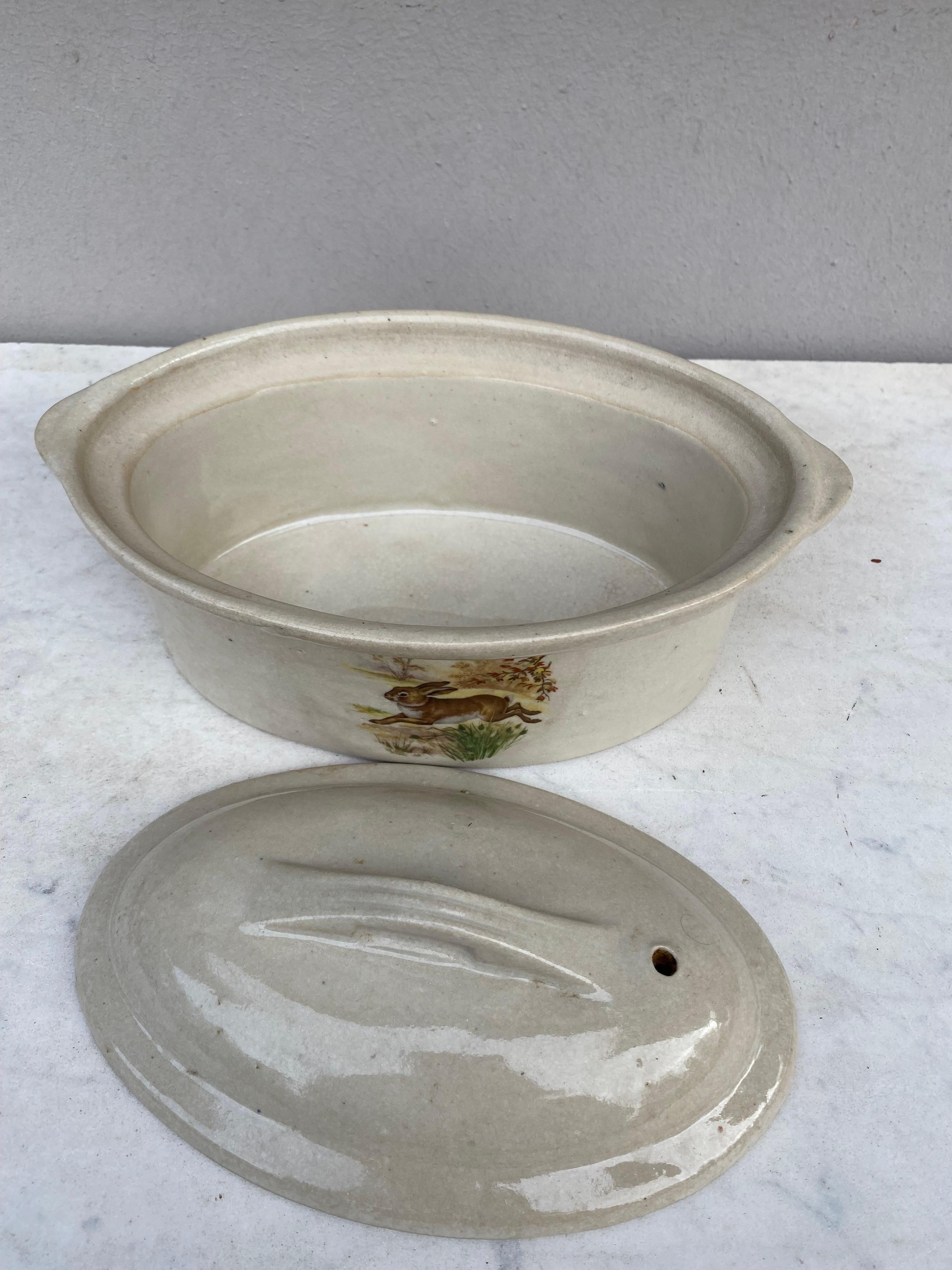 Early 20th Century French Faience Pate Tureen with Rabbits, Circa 1920 For Sale