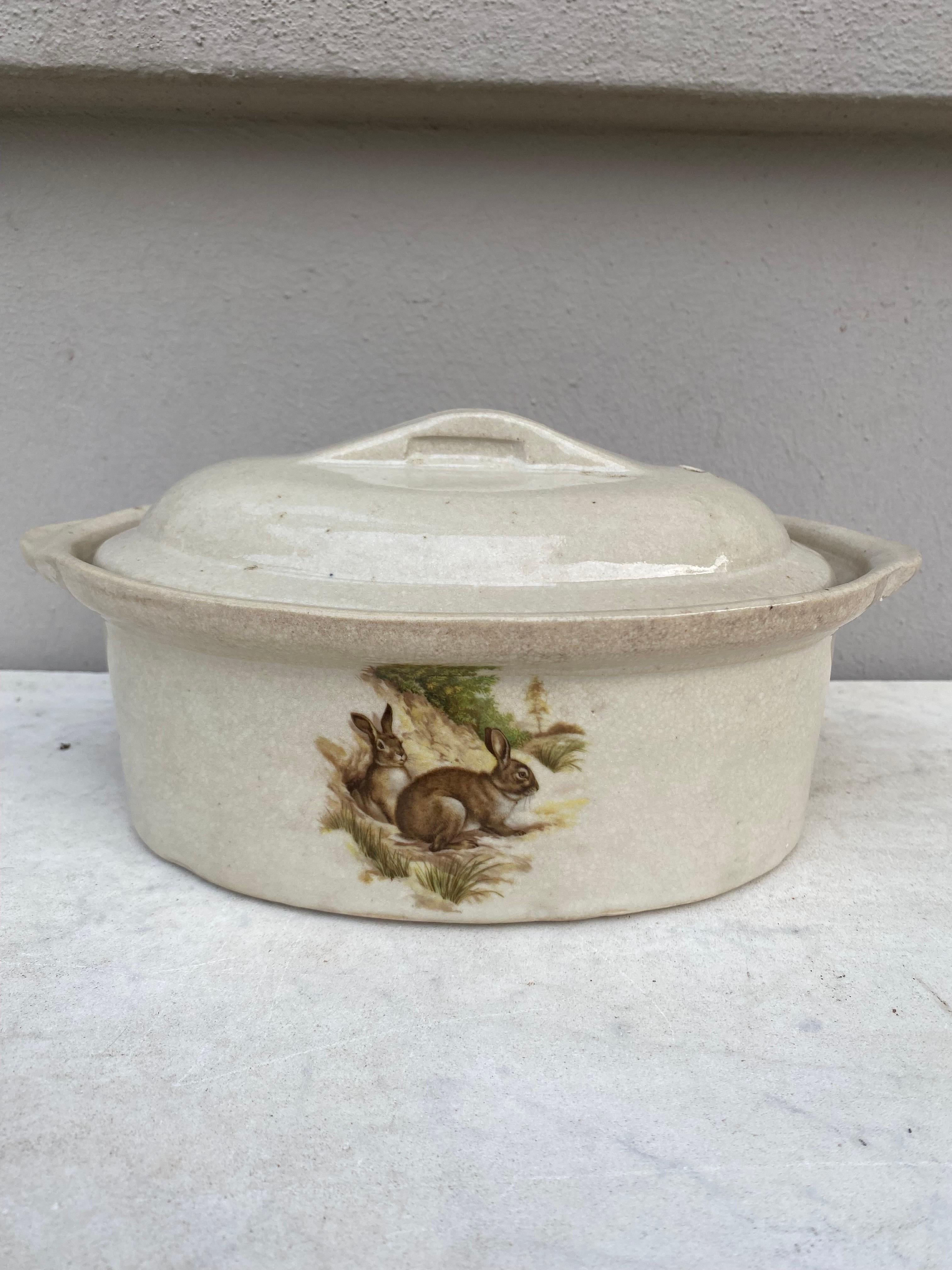 Ceramic French Faience Pate Tureen with Rabbits, Circa 1920 For Sale
