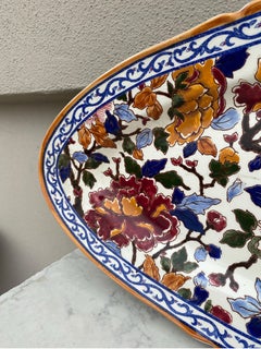 French Faience Peonies Fish Platter Gien Circa 1950