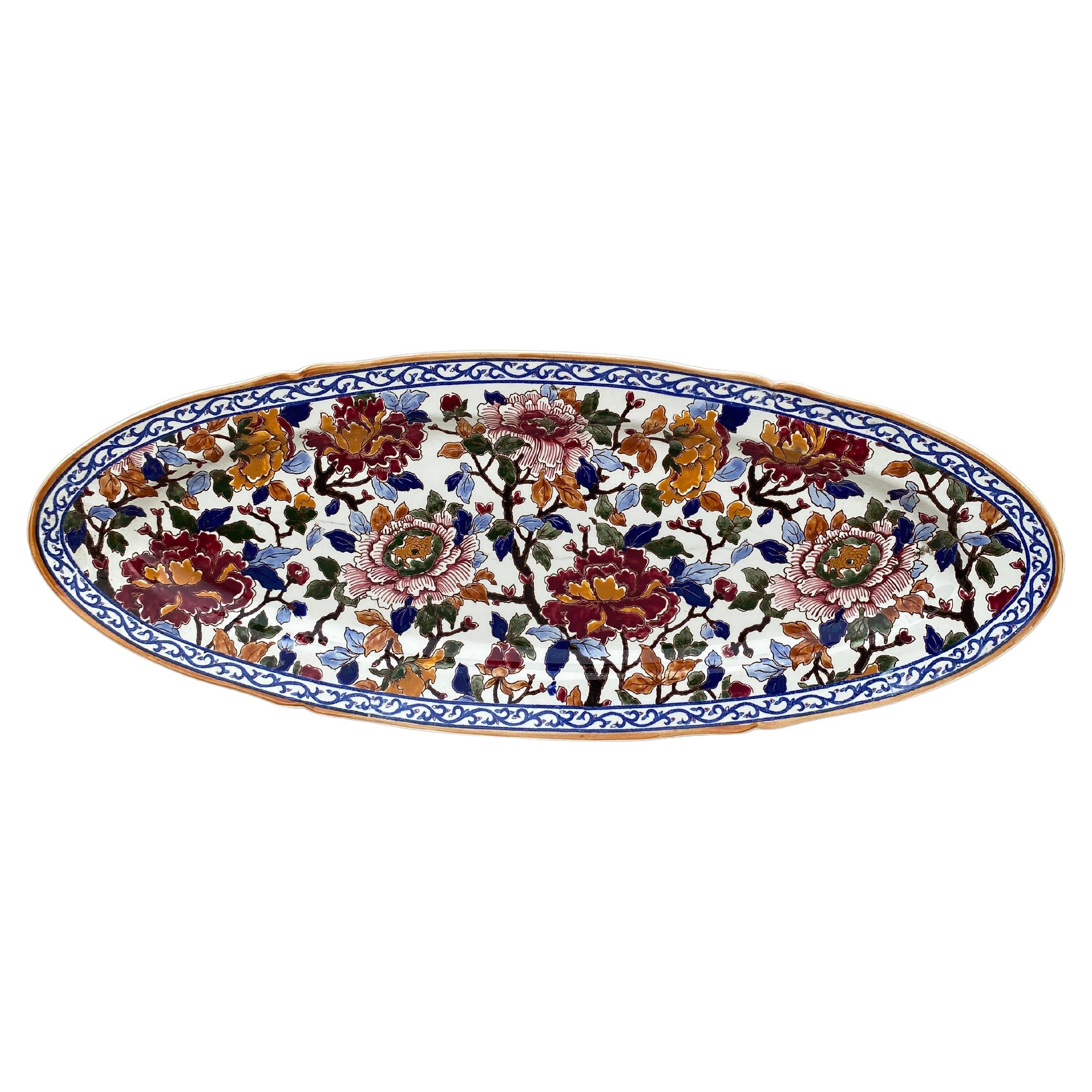 French Faience Peonies Fish Platter Gien Circa 1950