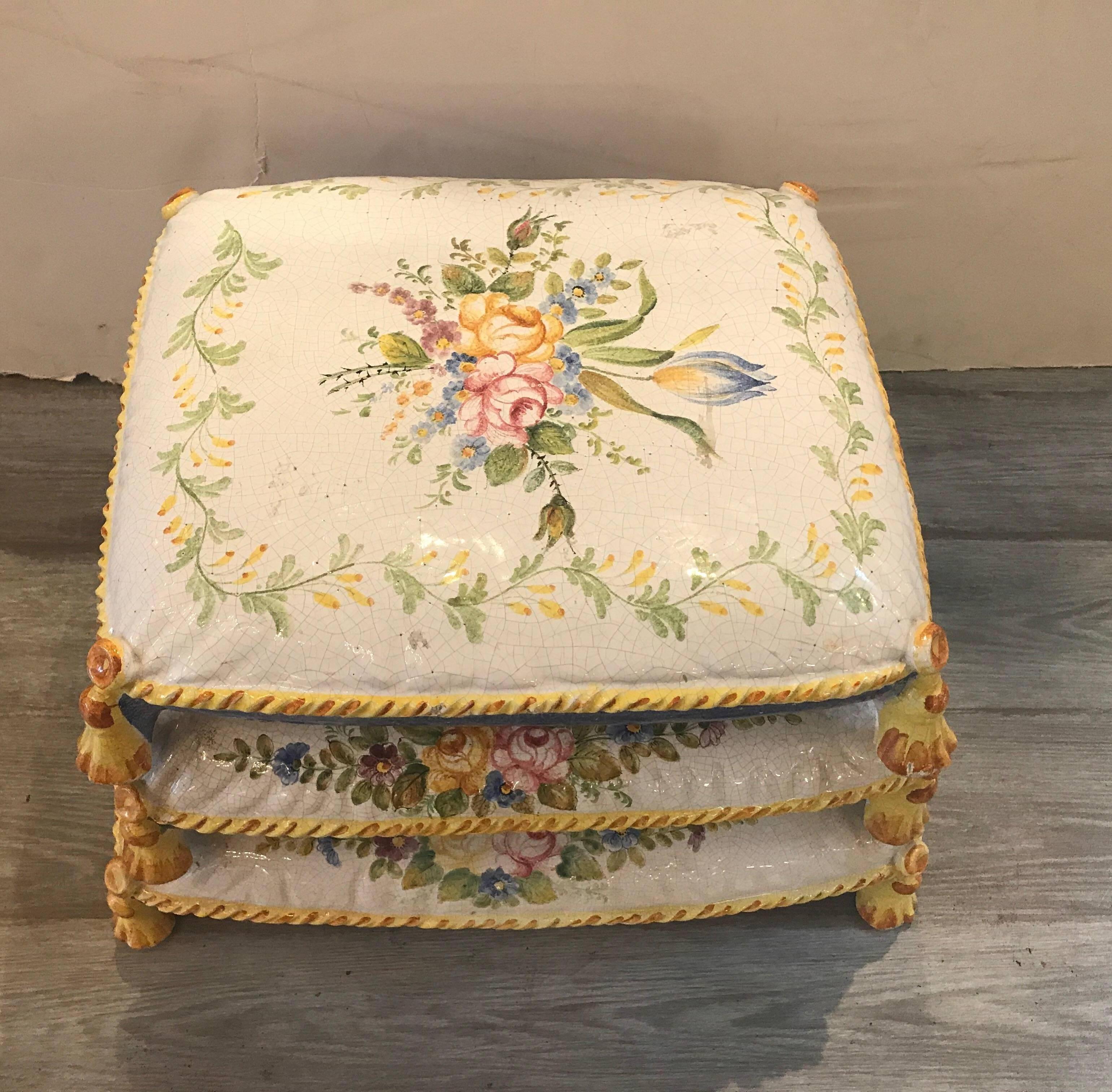 French Faience Pillow Form Garden Seat In Excellent Condition In Lambertville, NJ