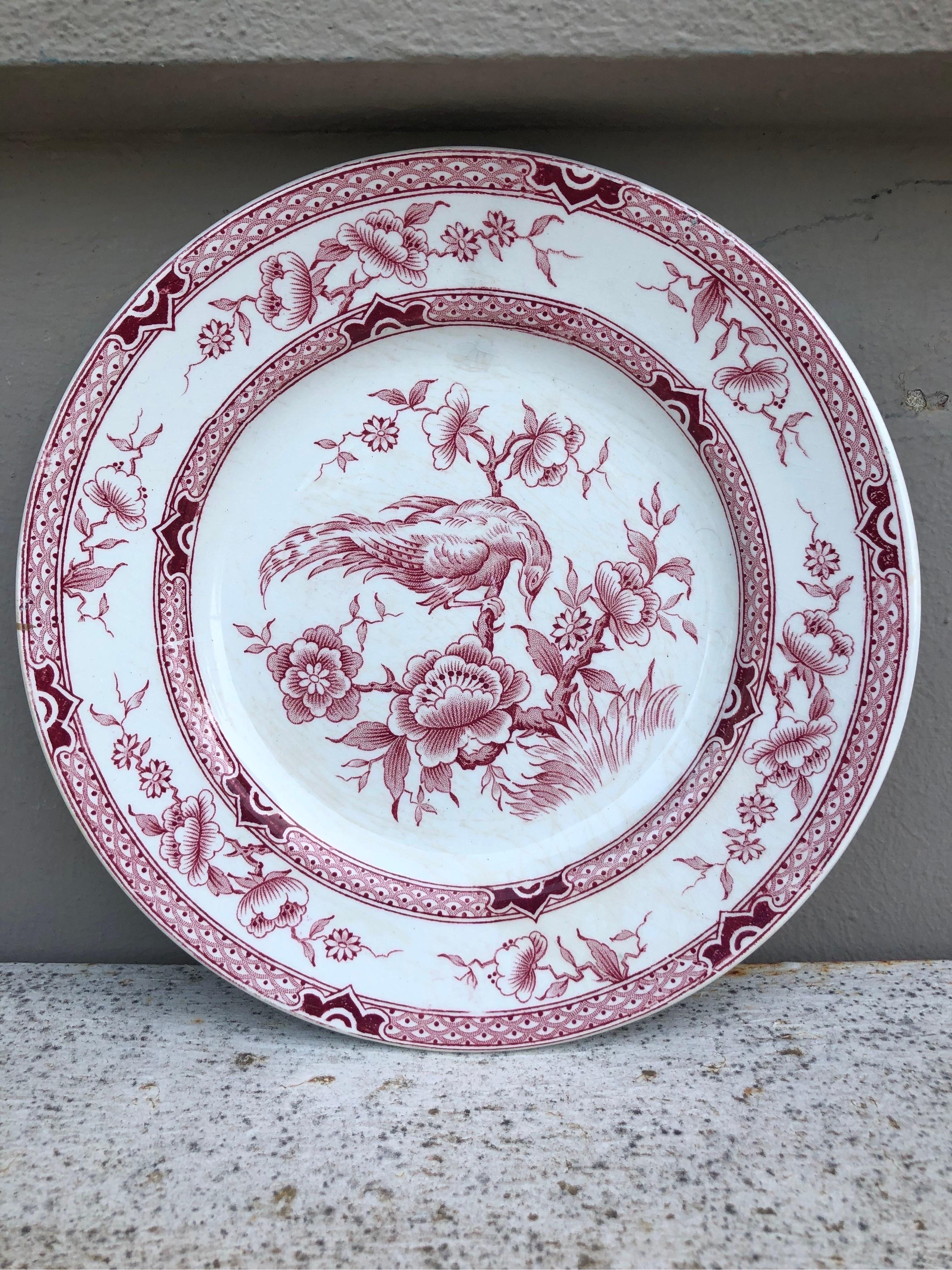 French Faience Pink Plate signed Moulin des Loups Hamage Orchies Circa 1900.
Chinoiserie period.
Bird and flowers.
4 plates available.