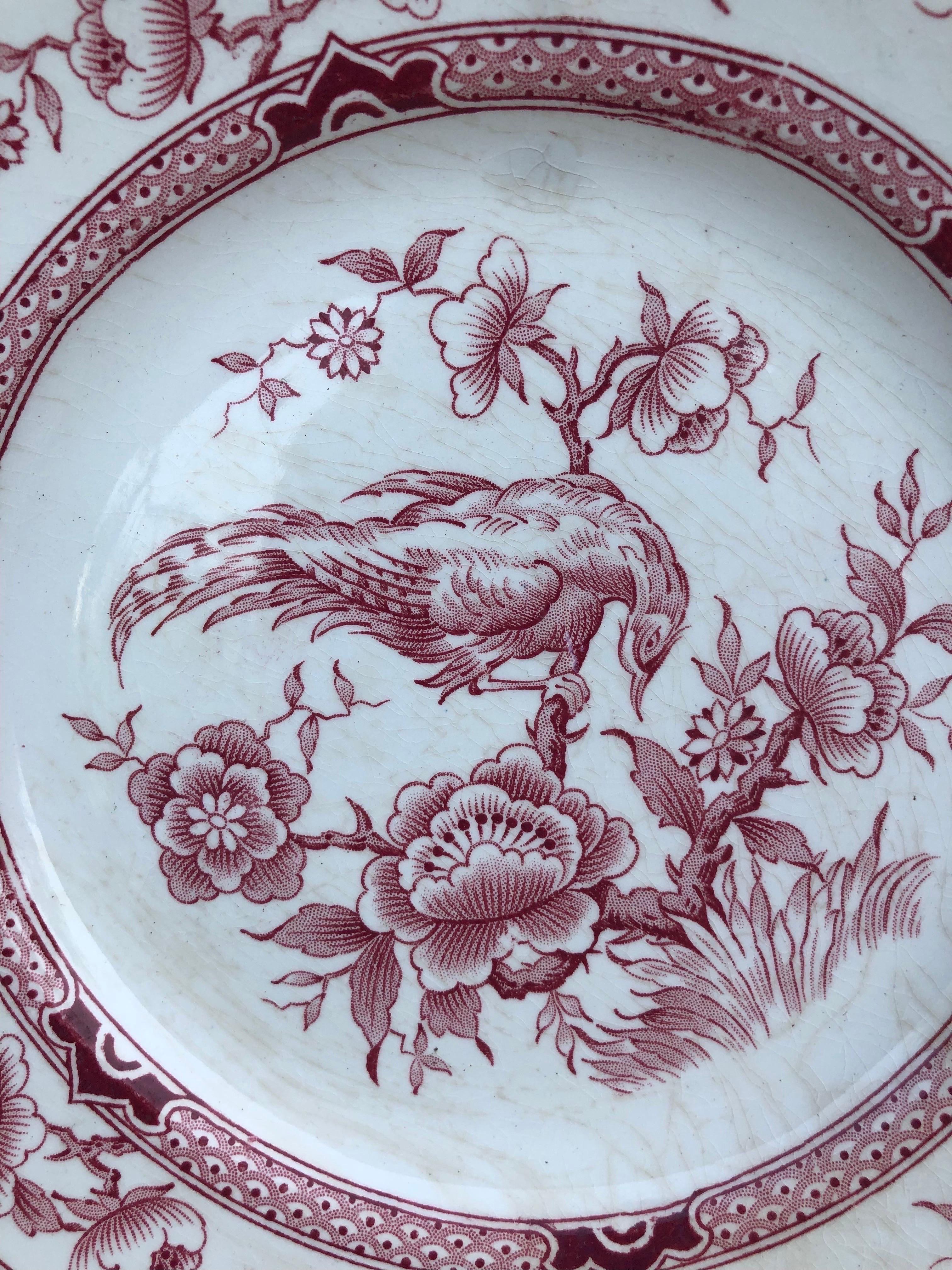 French Faience Pink Bird Chinoiserie Plate Orchies, Circa 1900 In Good Condition For Sale In Austin, TX