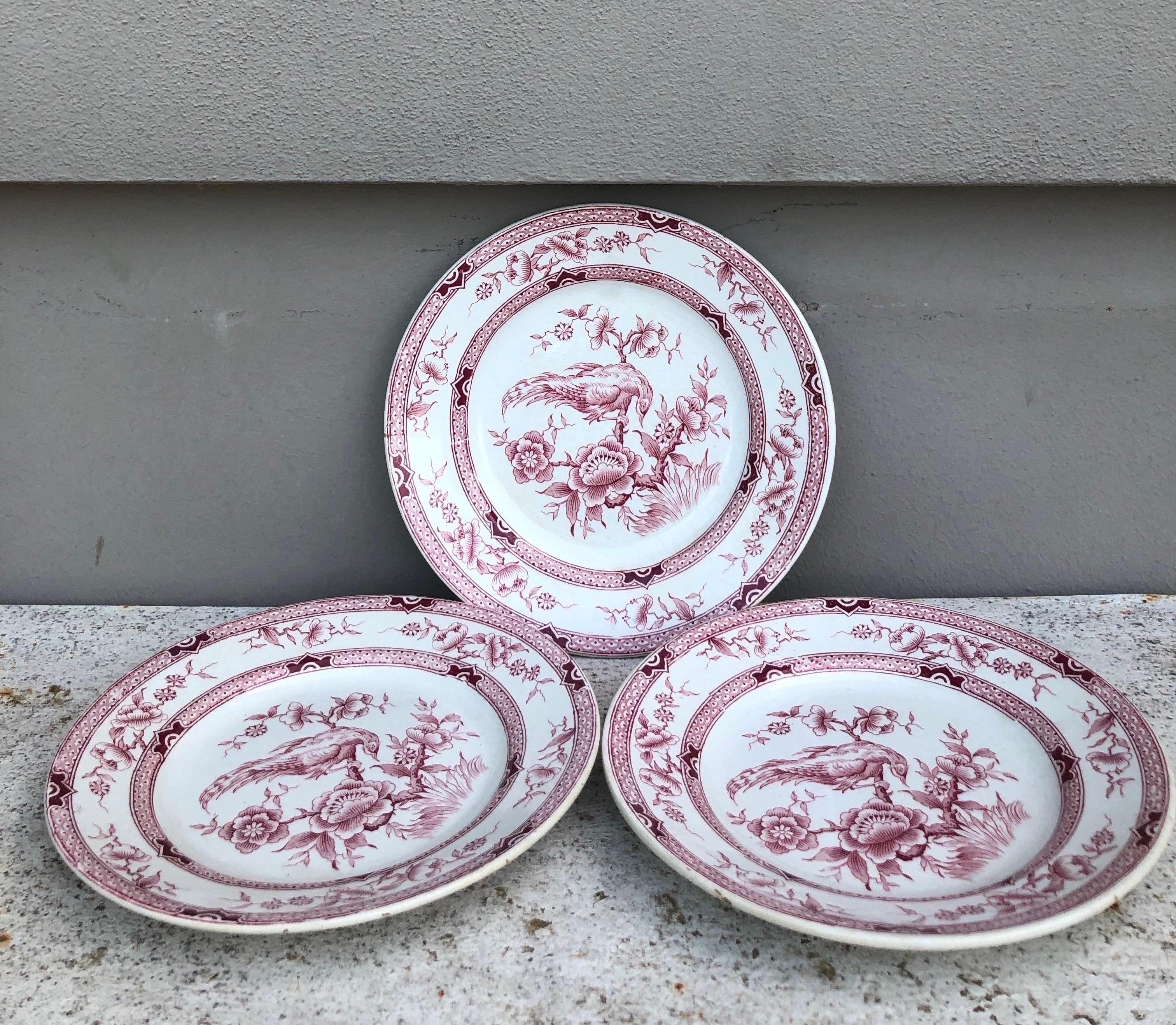 Ceramic French Faience Pink Bird Chinoiserie Plate Orchies, Circa 1900 For Sale