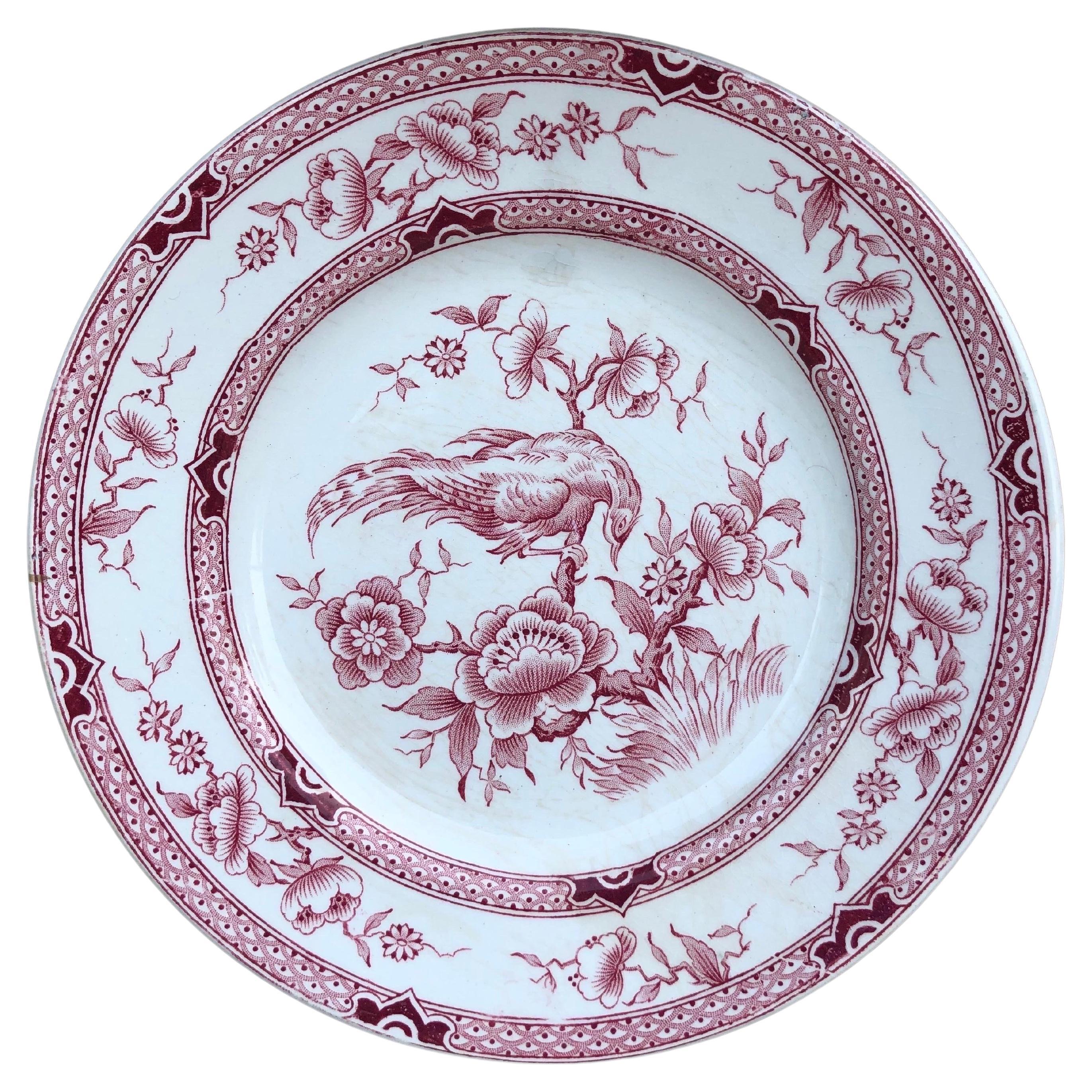 French Faience Pink Bird Chinoiserie Plate Orchies, Circa 1900