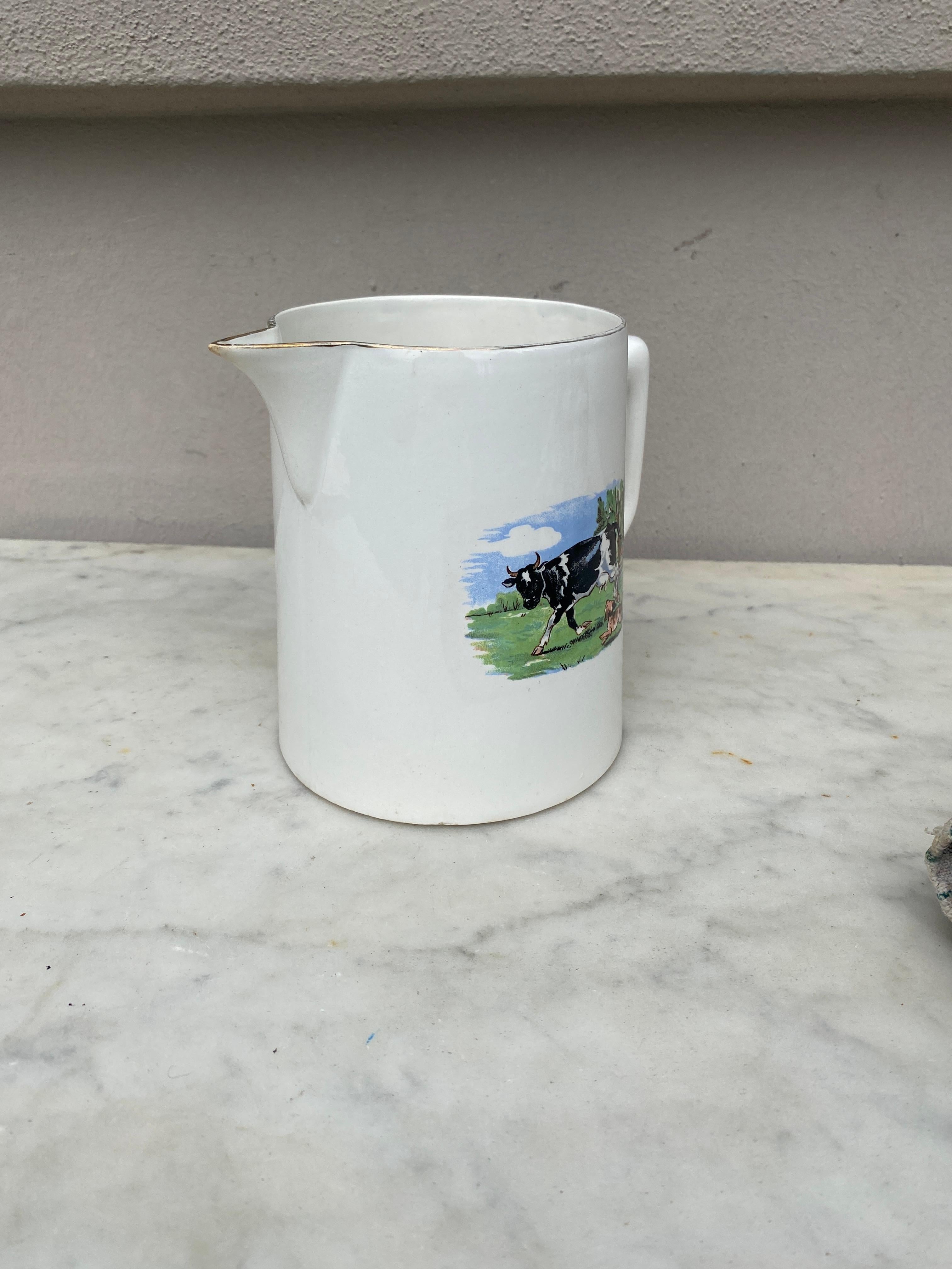 French Faience Pitcher Cow Sarreguemines Circa 1930 In Good Condition For Sale In Austin, TX