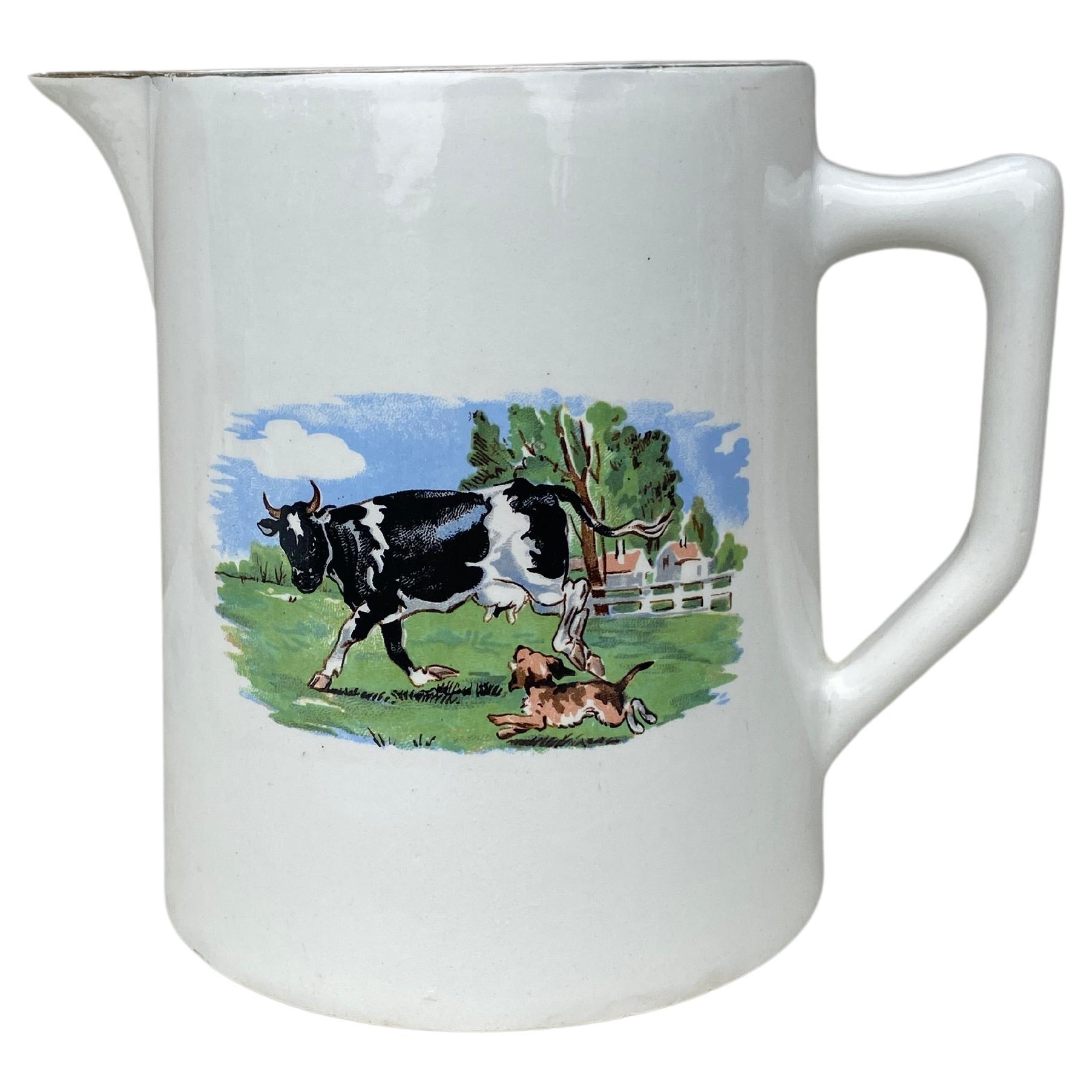 French Faience Pitcher Cow Sarreguemines Circa 1930 For Sale