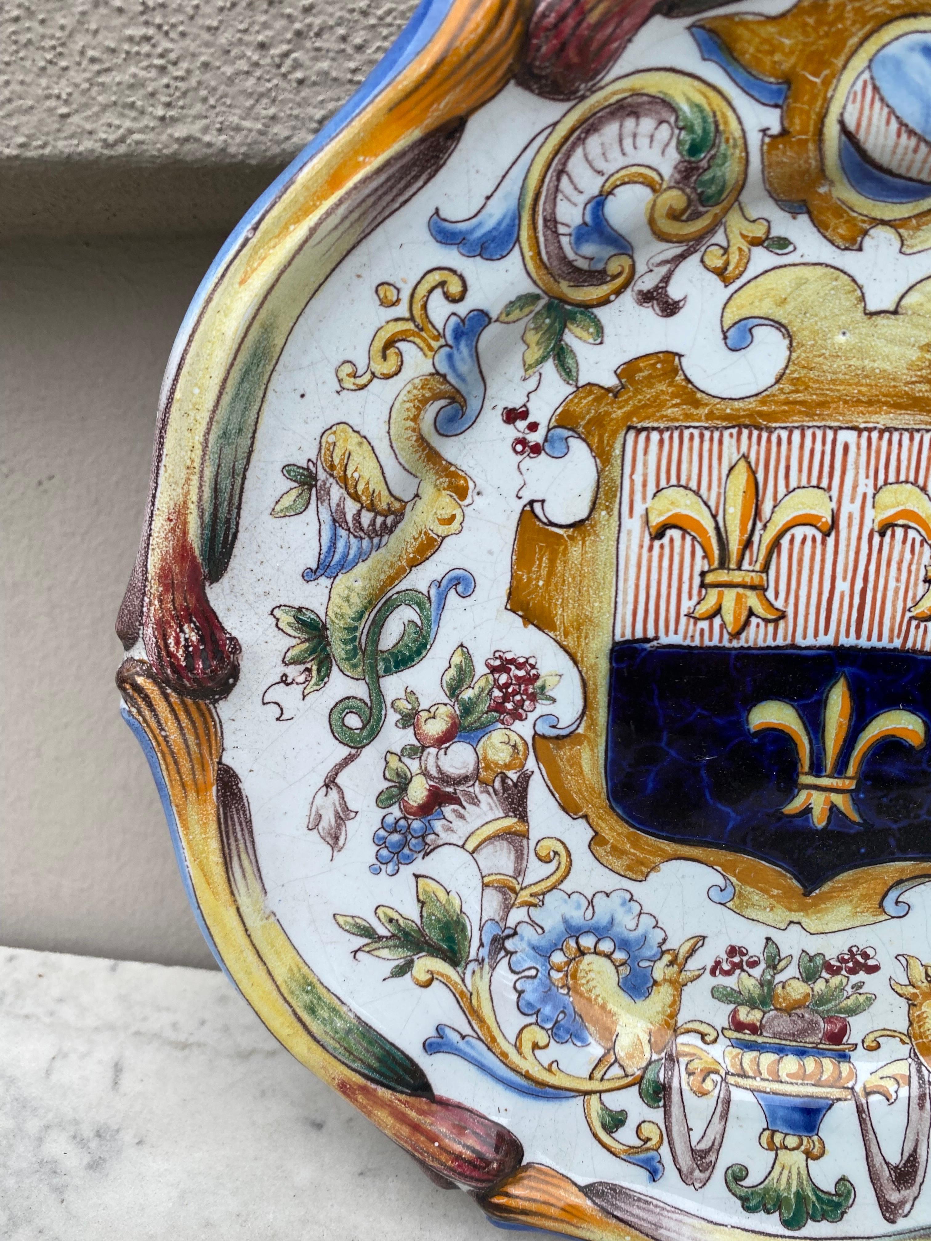 French Provincial French Faience Plate Coat of Arms Saint Clement, circa 1900 For Sale