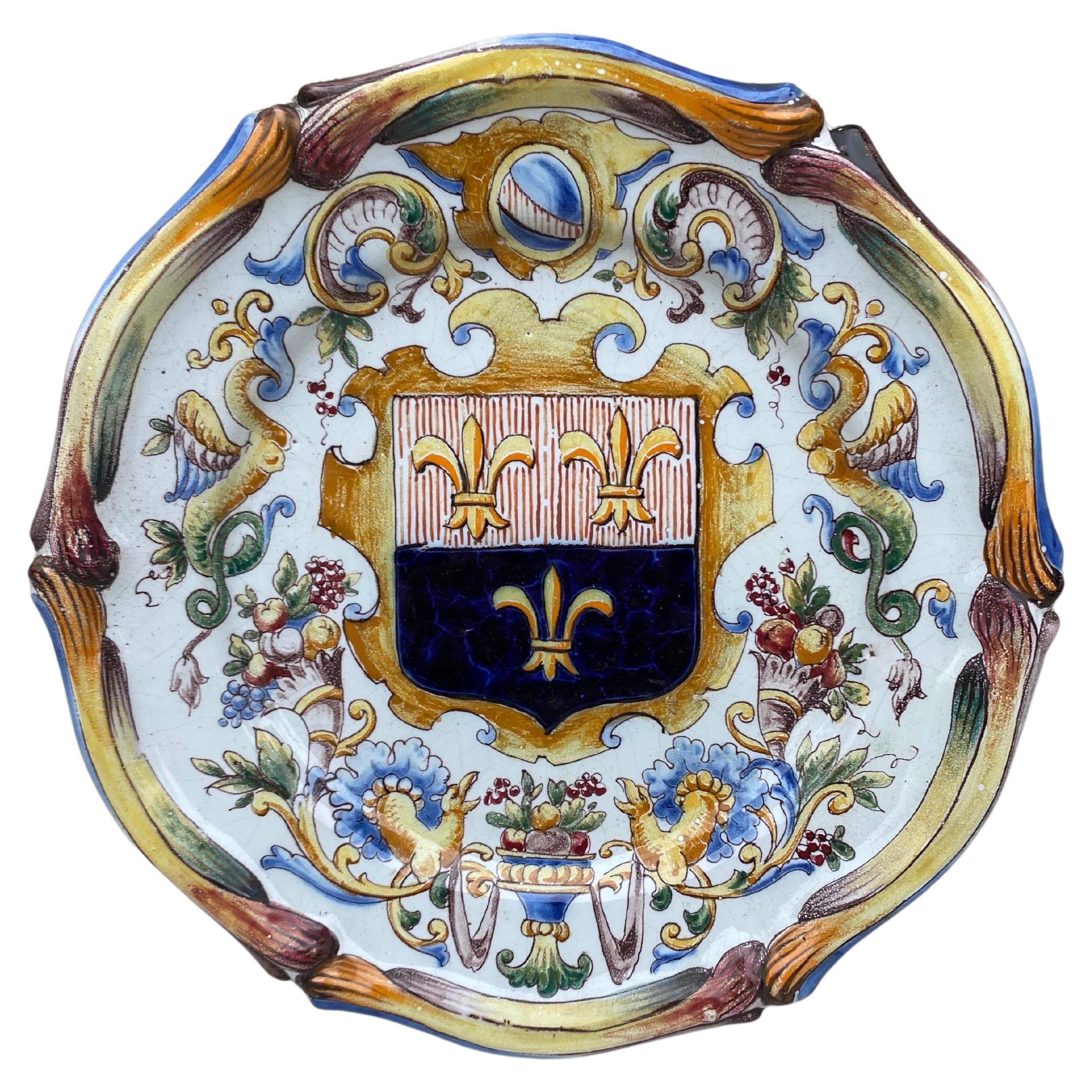 French Faience Plate Coat of Arms Saint Clement, circa 1900 For Sale