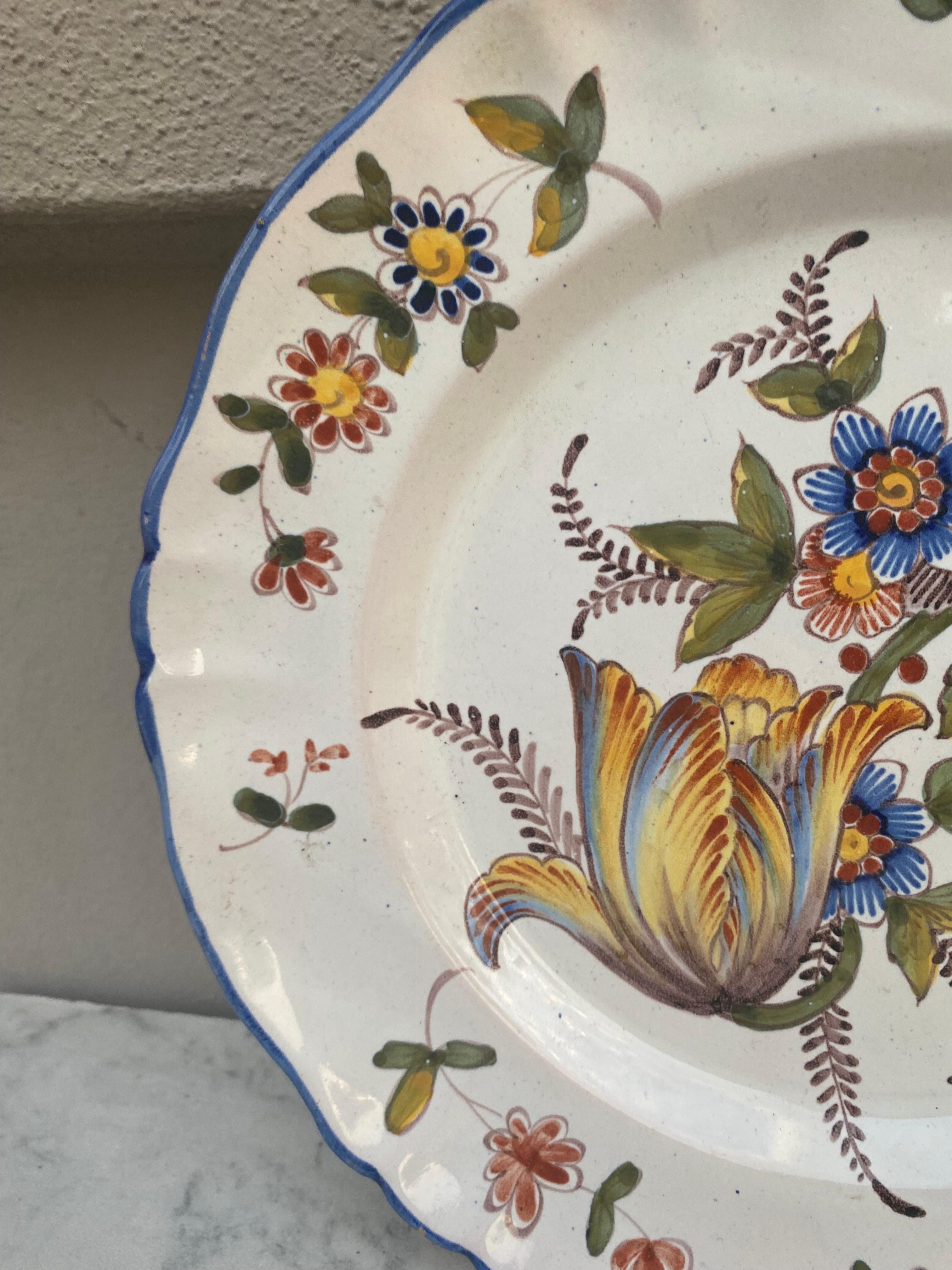 French Provincial French Faience Plate Flowers Keller & Guerin Saint Clement, circa 1900 For Sale