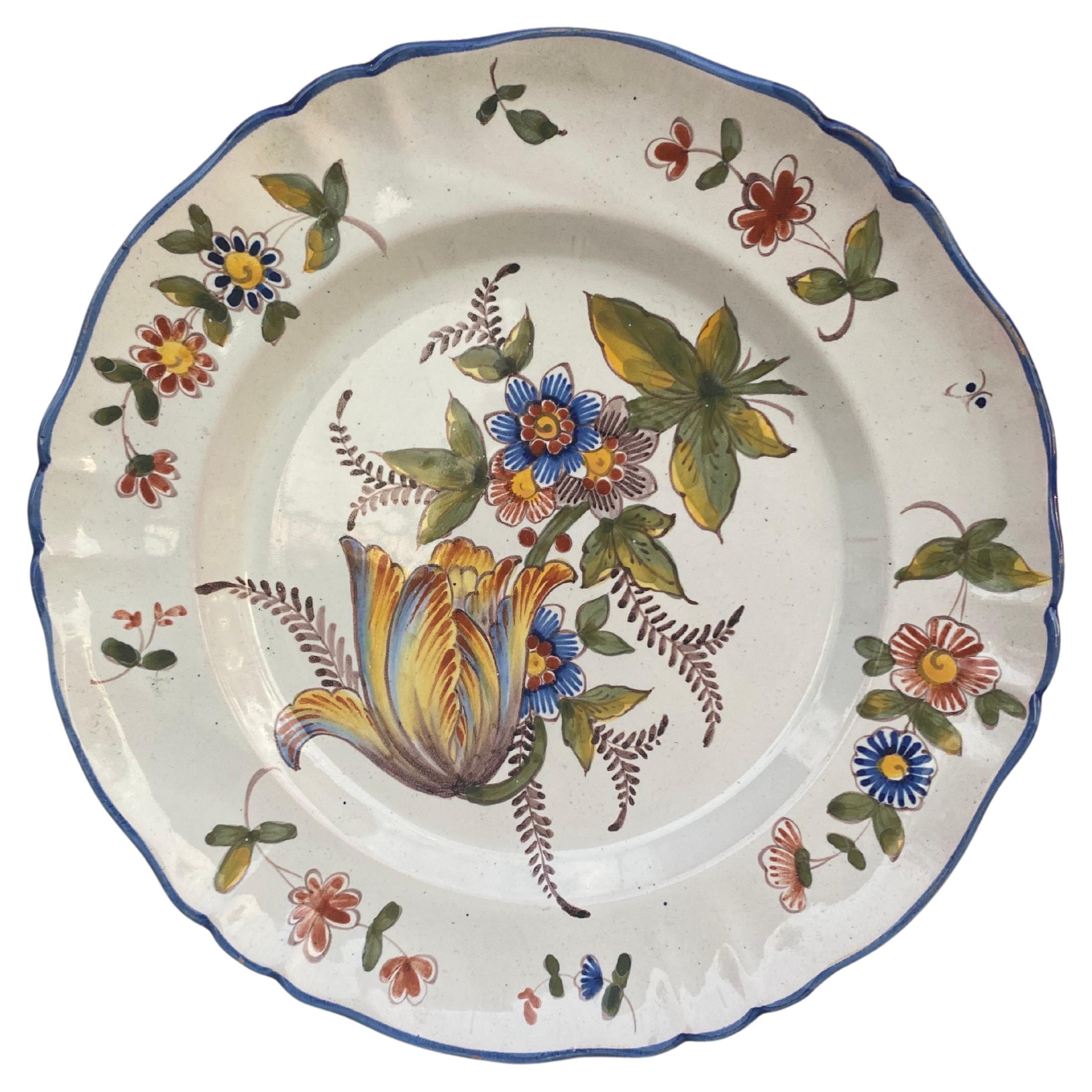 French Faience Plate Flowers Keller & Guerin Saint Clement, circa 1900 For Sale