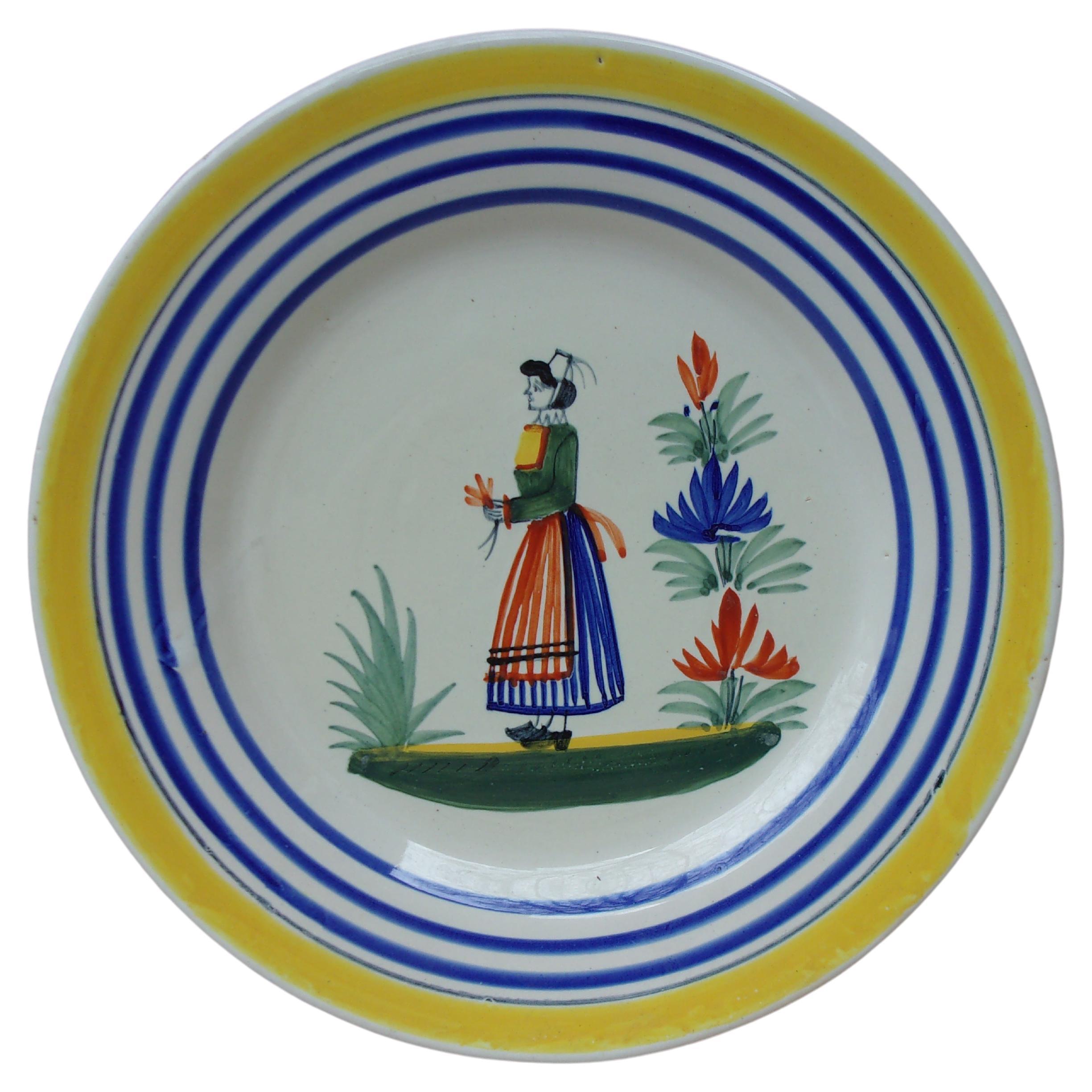 Faience Woman or Lady Center 7 1/8" Henriot Quimper Salad or Appetizer Plate 