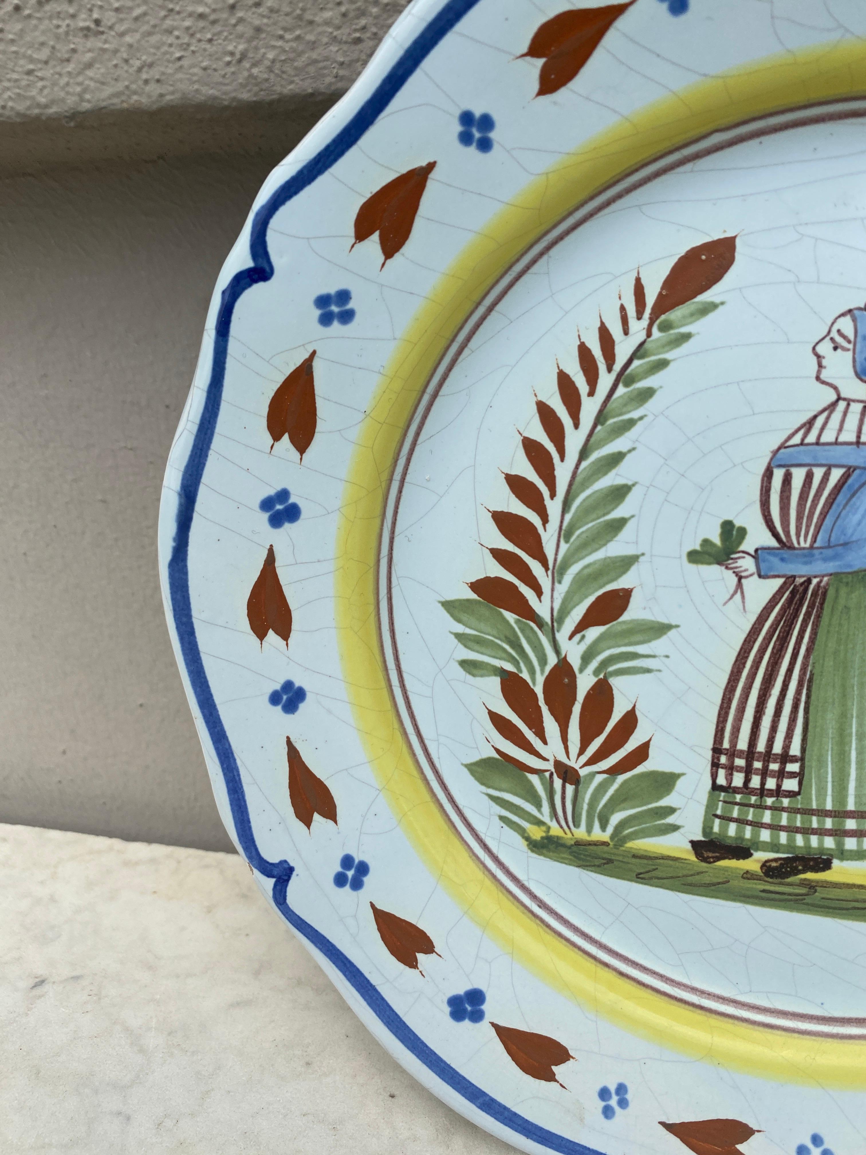 French Faience plate quimper circa 1950.
Breton with flowers.
