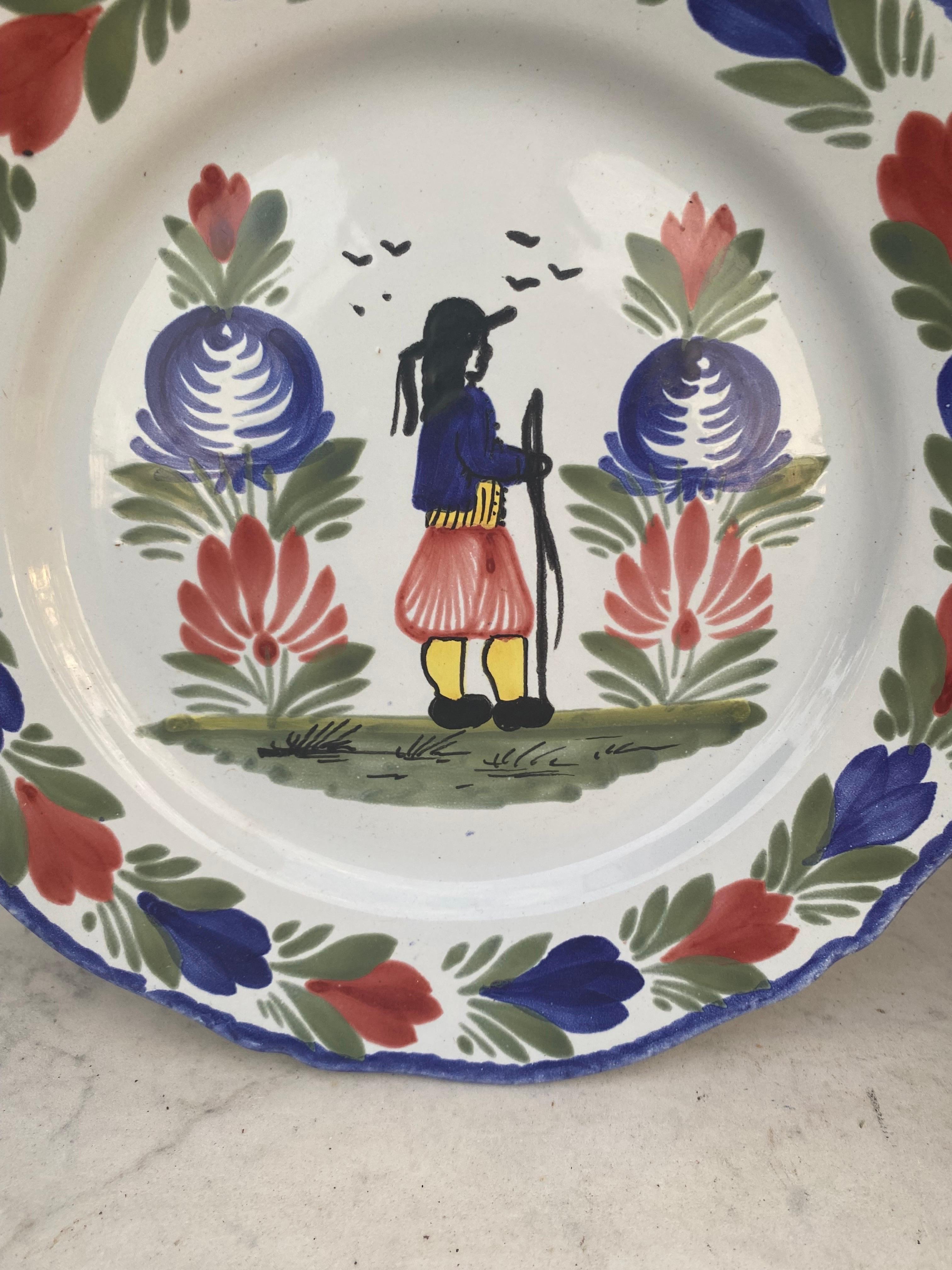 French Faience plate quimper circa 1960.
Breton with flowers.