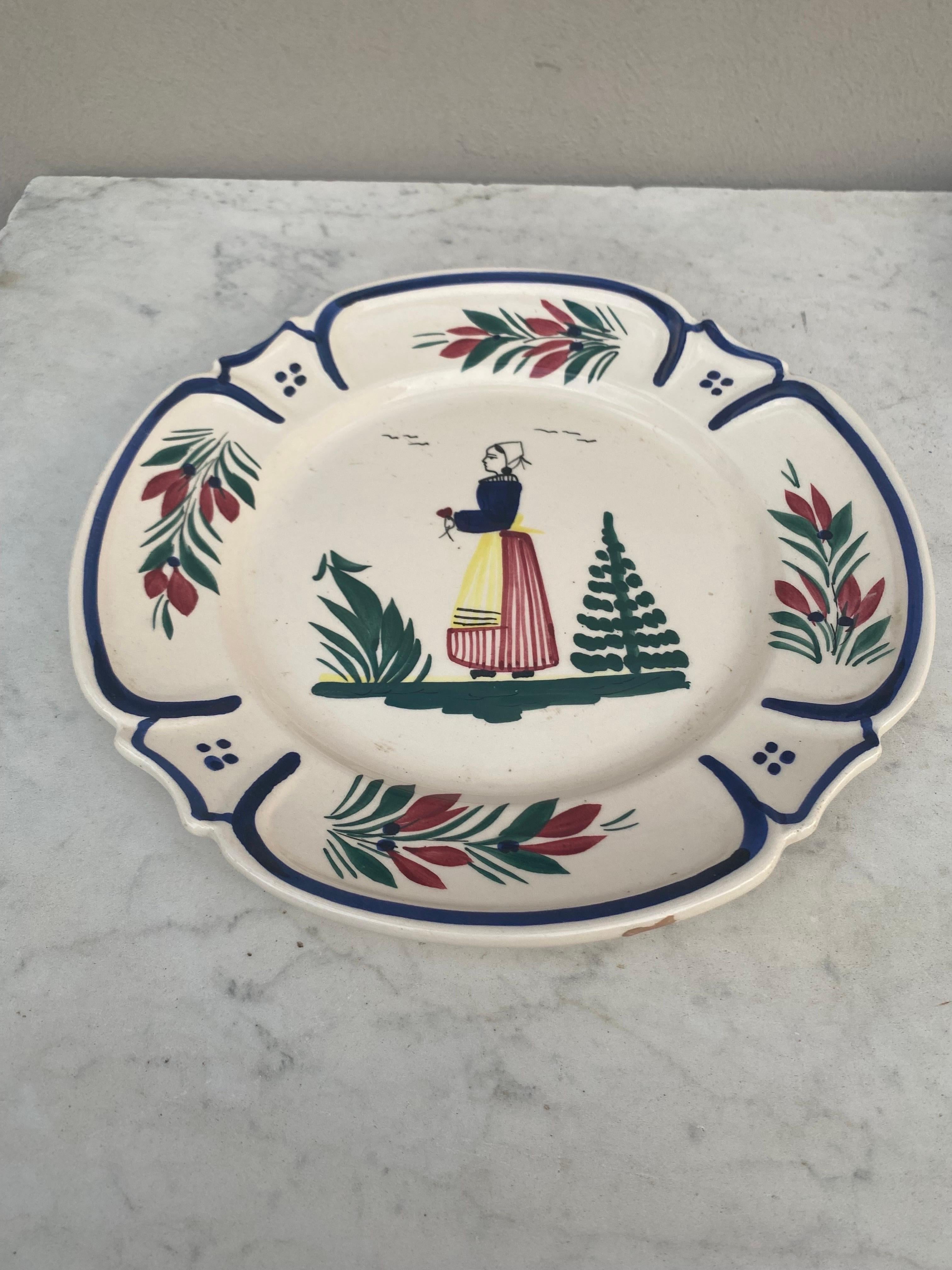 French Faience plate quimper circa 1960.
Breton with flowers.