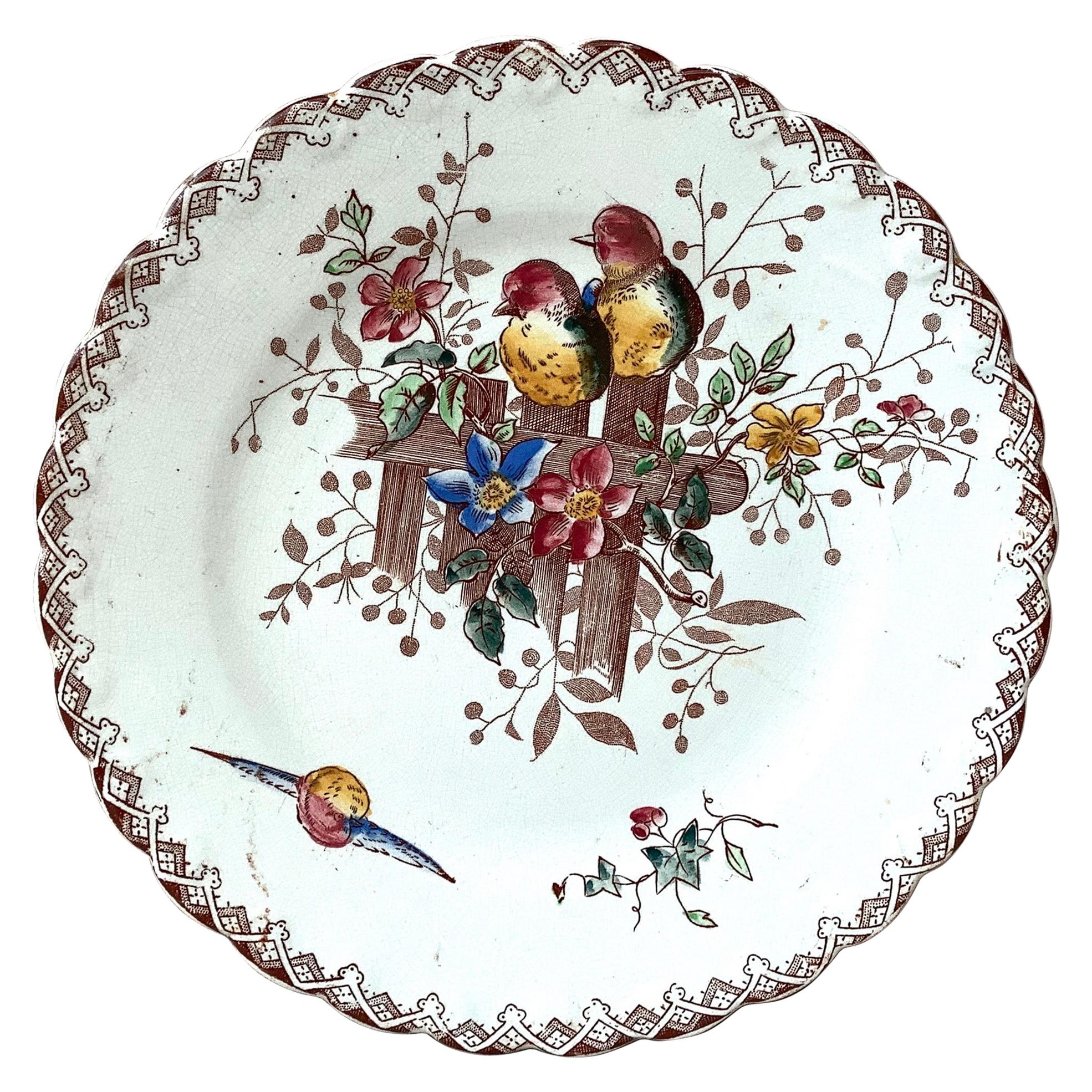 French Faience Plate with Birds and Flowers Onnaing, circa 1900
