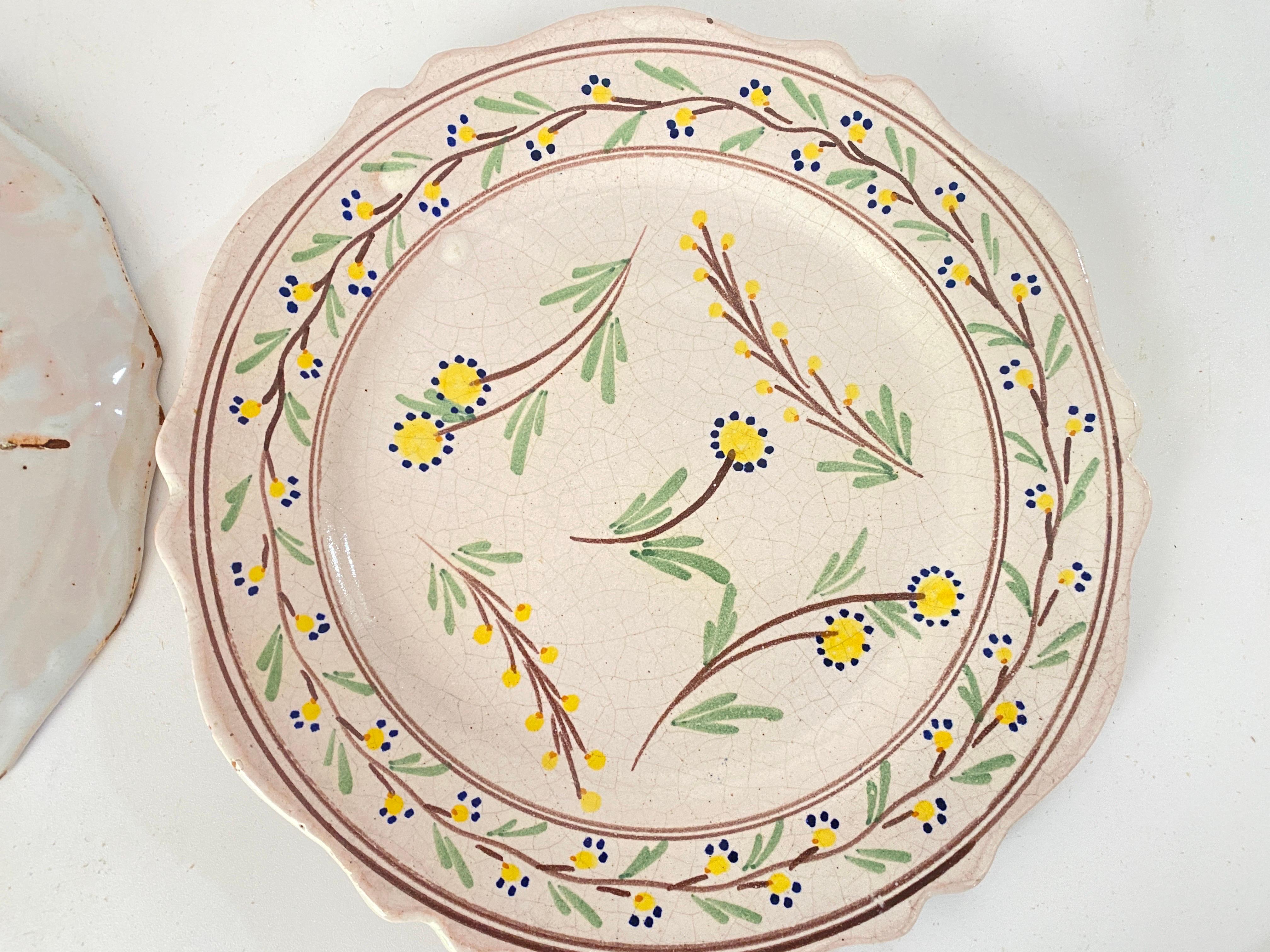 French Faience Plates 19th Century Flowers Decor Pattern Blue, Green Set of 4 For Sale 1