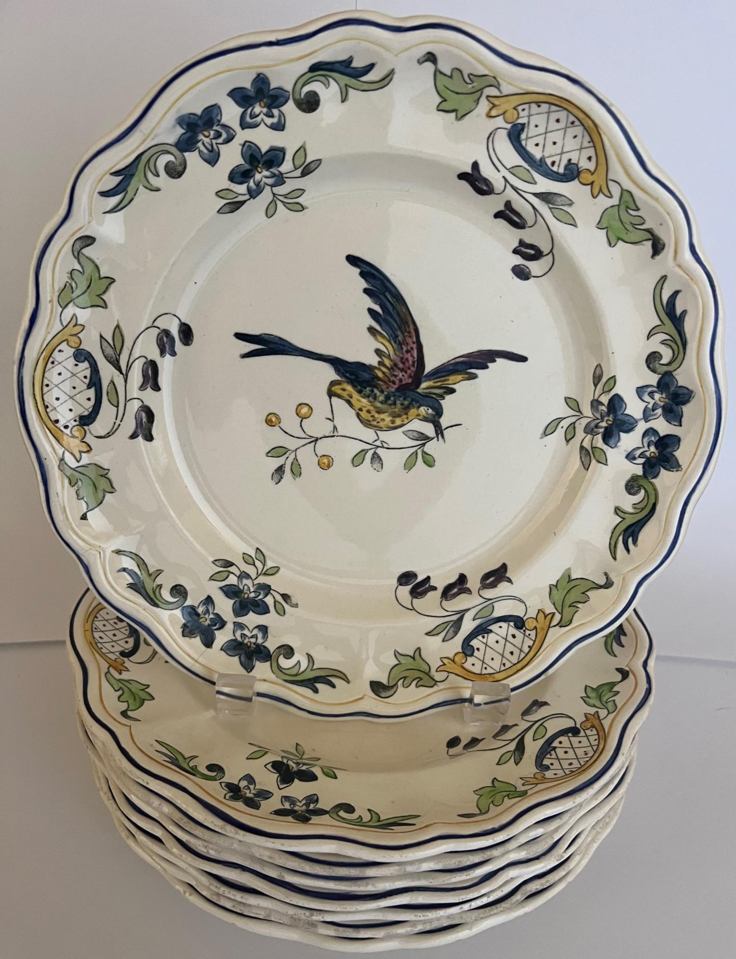 French faience plate set hand painted with birds and flowers, made in the 1930's in France by Longchamp. They are hand painted so all slightly different, all stamped Clery Longchamp France