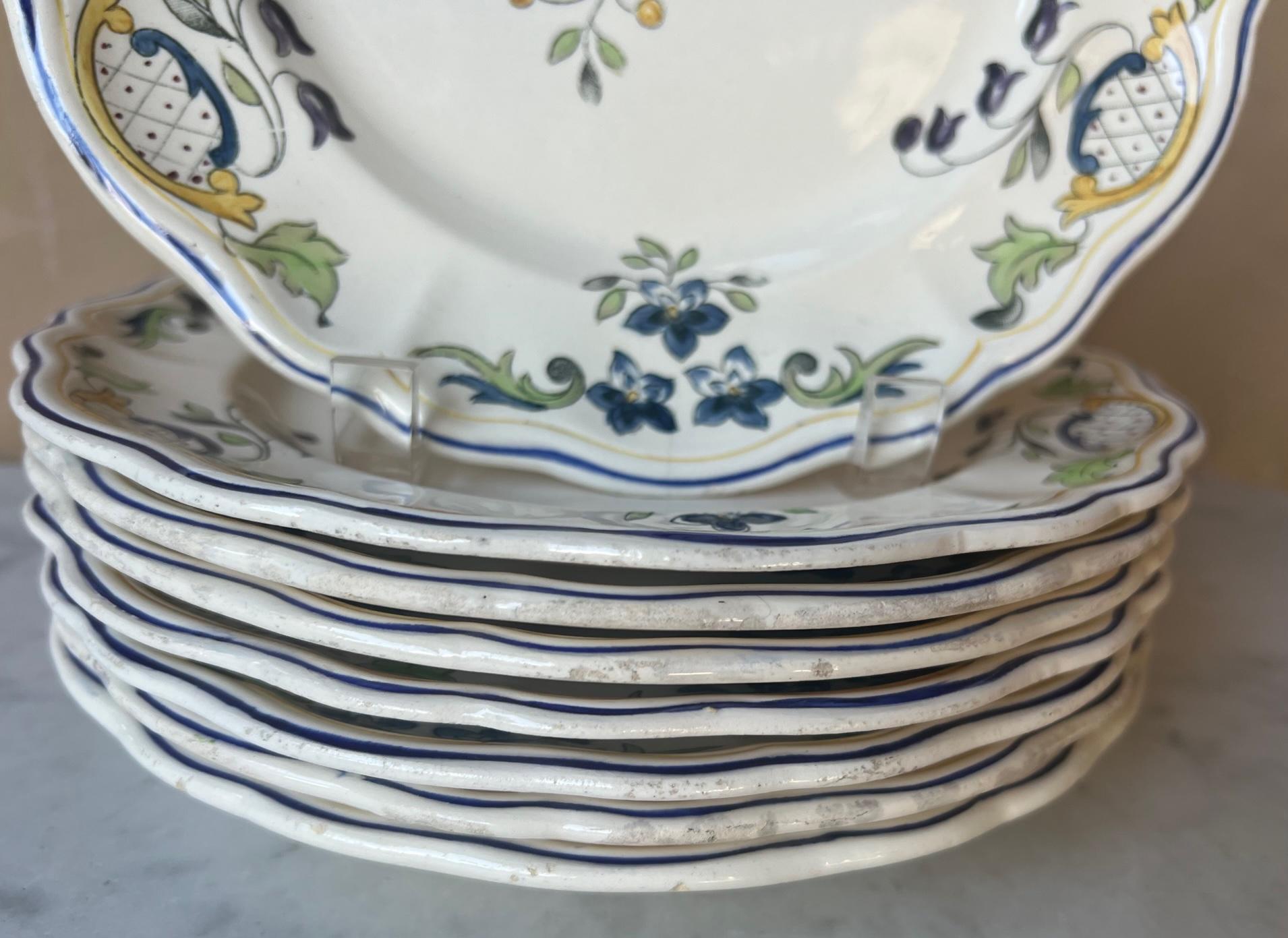 Hand-Painted French Faience Plates in Clery Pattern by Longchamp, C. 1930's- Set of 8 For Sale