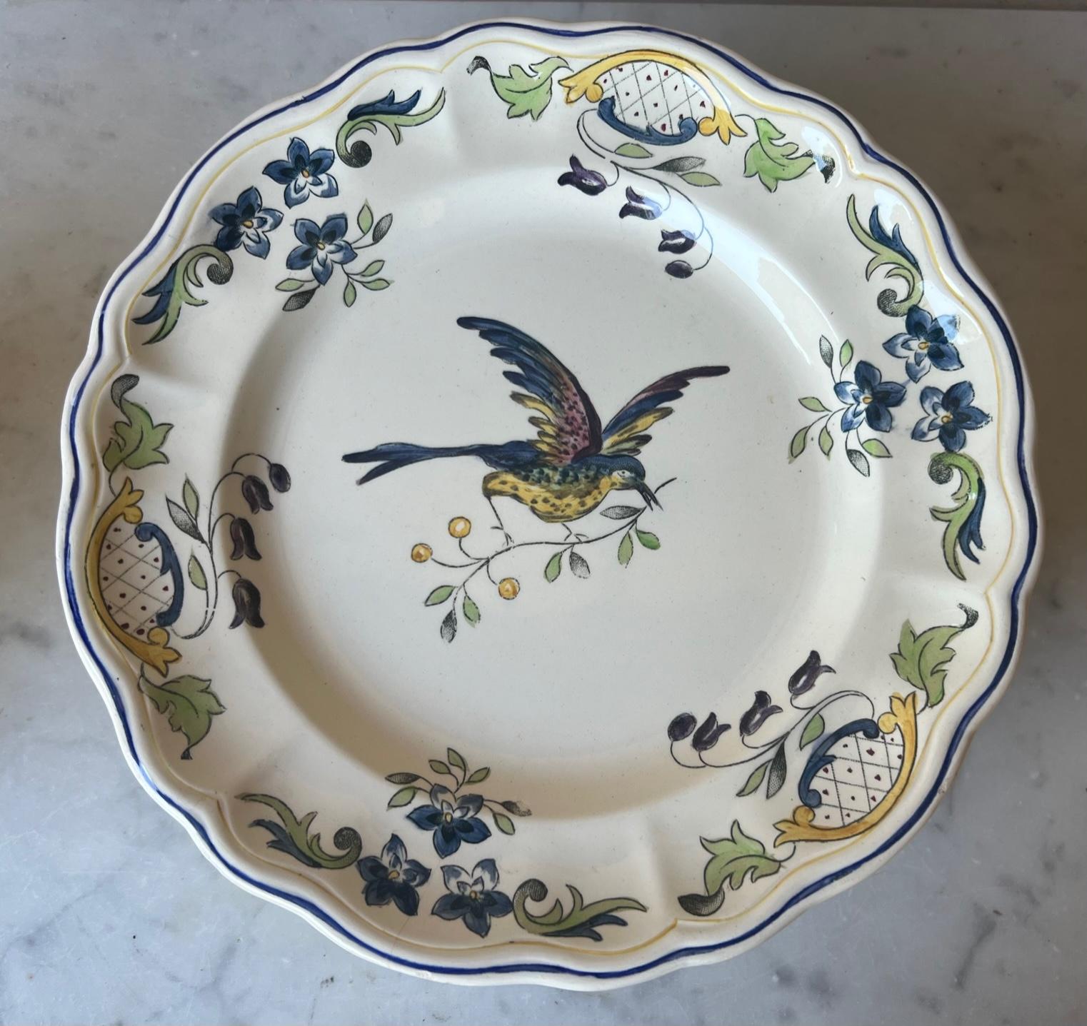 French Provincial French Faience Plates in Clery Pattern by Longchamp, C. 1930's- Set of 8 For Sale