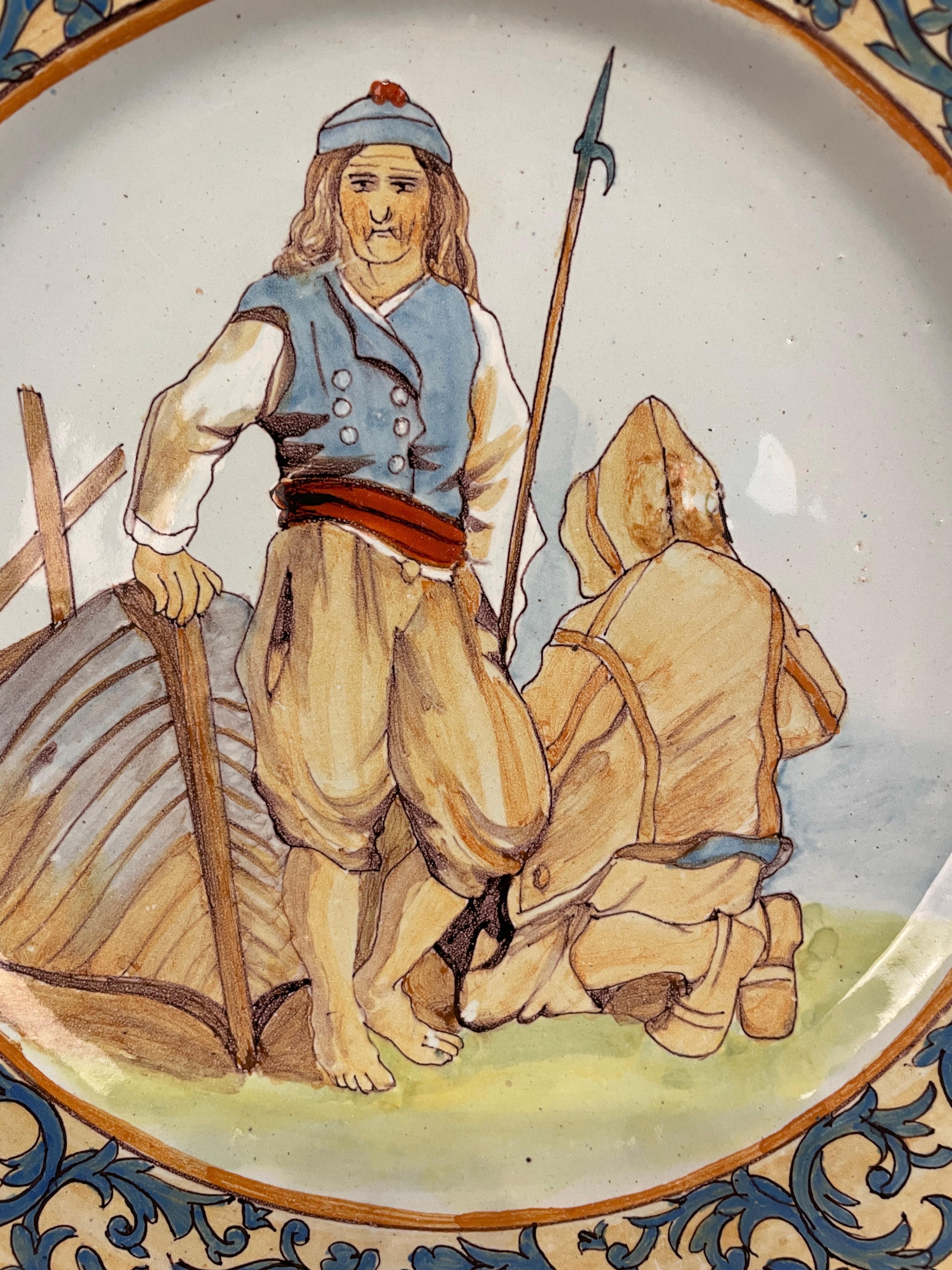 French Provincial French Faience Quimper Plate Fisherman Scene For Sale