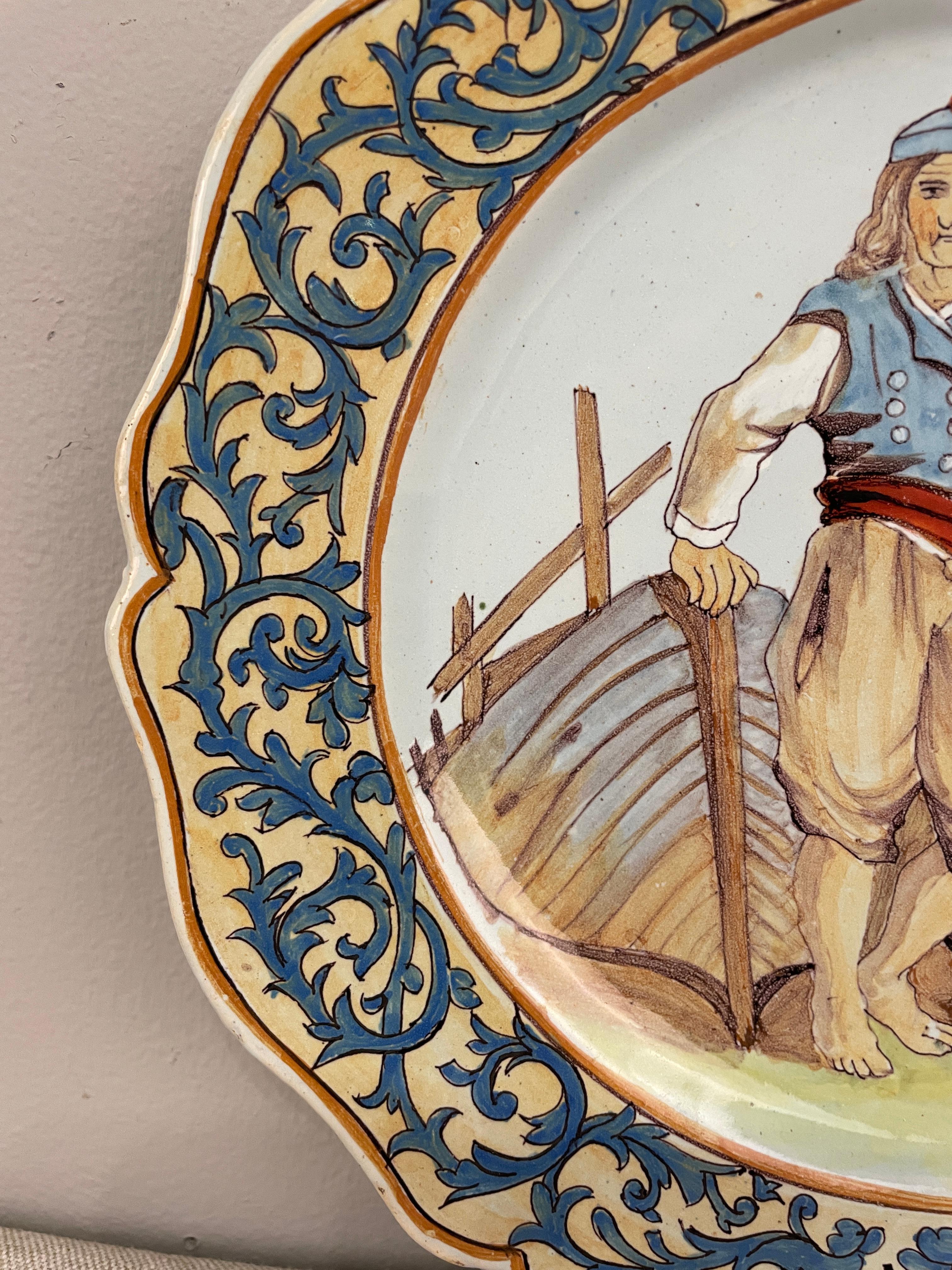 Hand-Painted French Faience Quimper Plate Fisherman Scene For Sale