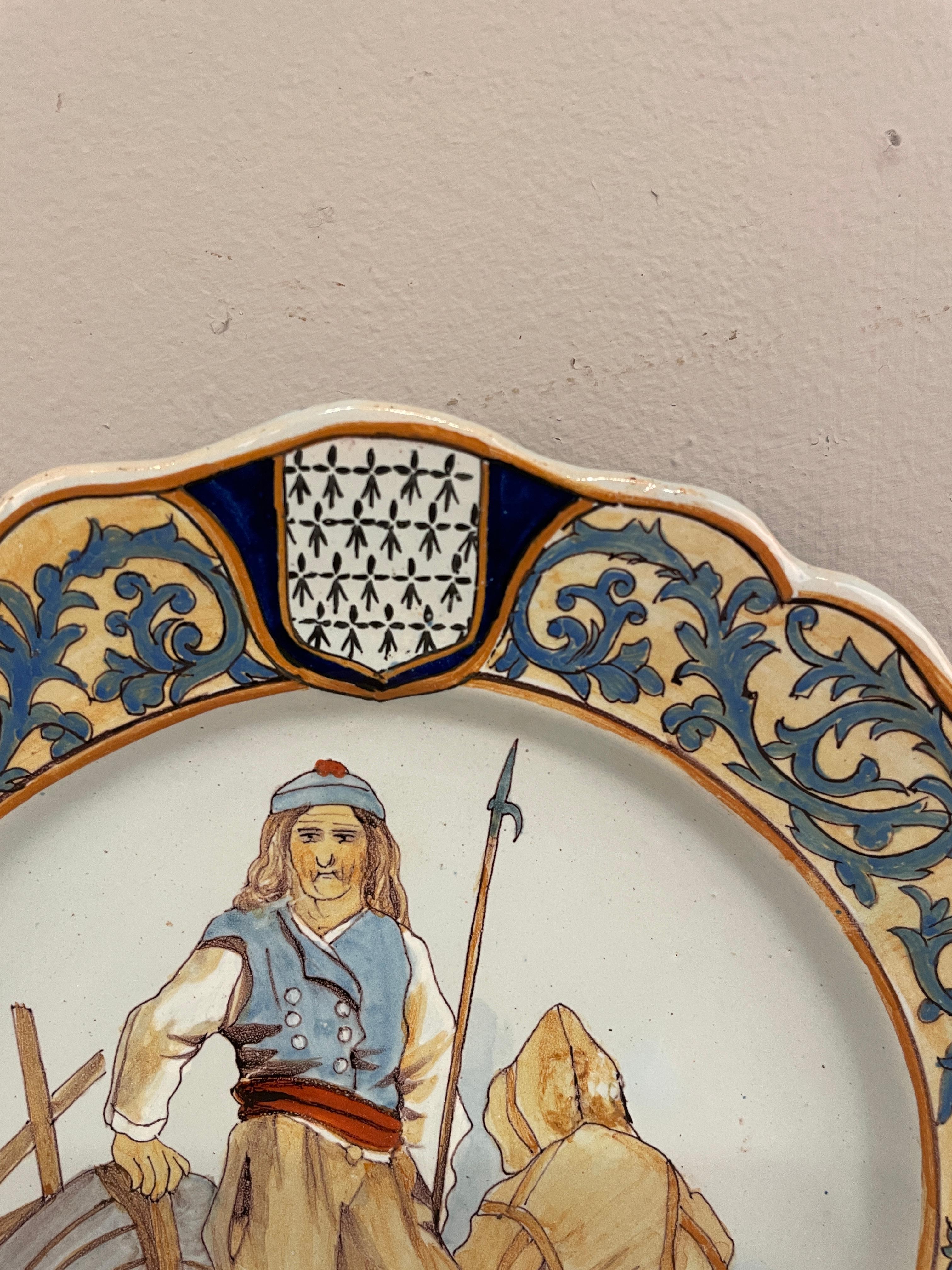 French Faience Quimper Plate Fisherman Scene In Good Condition For Sale In Winter Park, FL