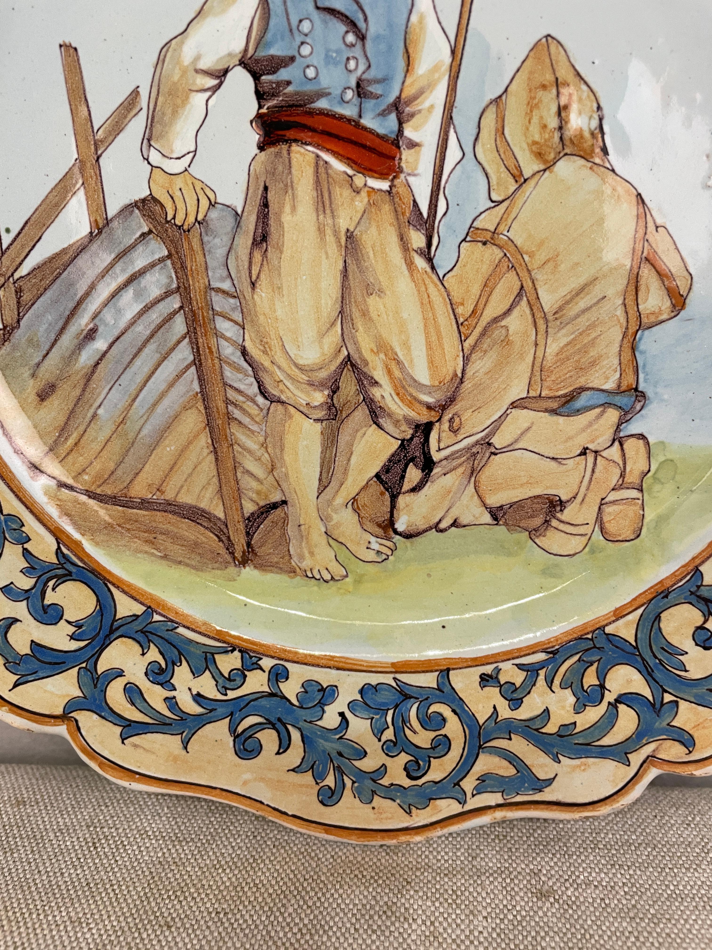 Ceramic French Faience Quimper Plate Fisherman Scene For Sale
