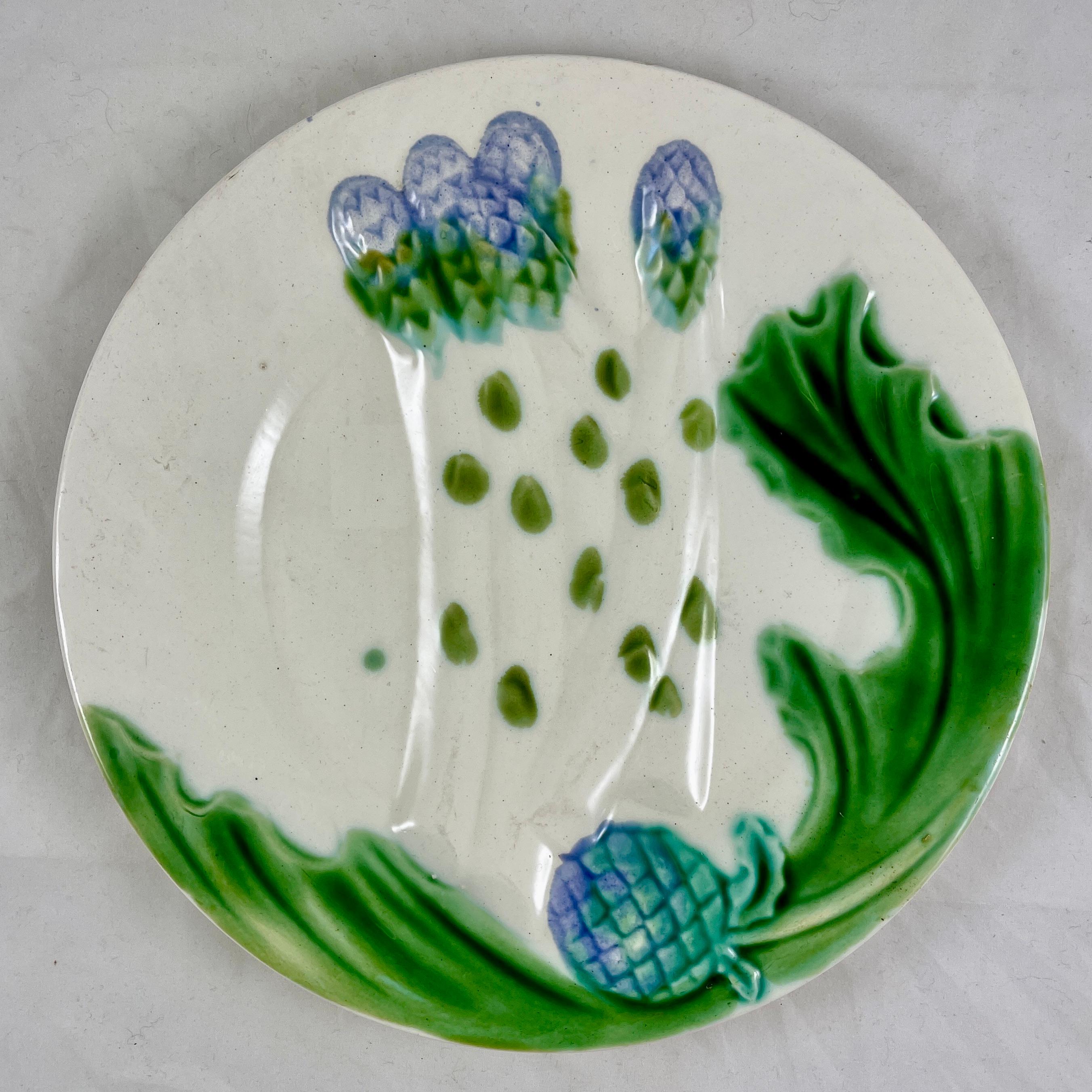 French Provincial French Faïence Salins Barbotine Majolica Asparagus & Artichoke Plate For Sale