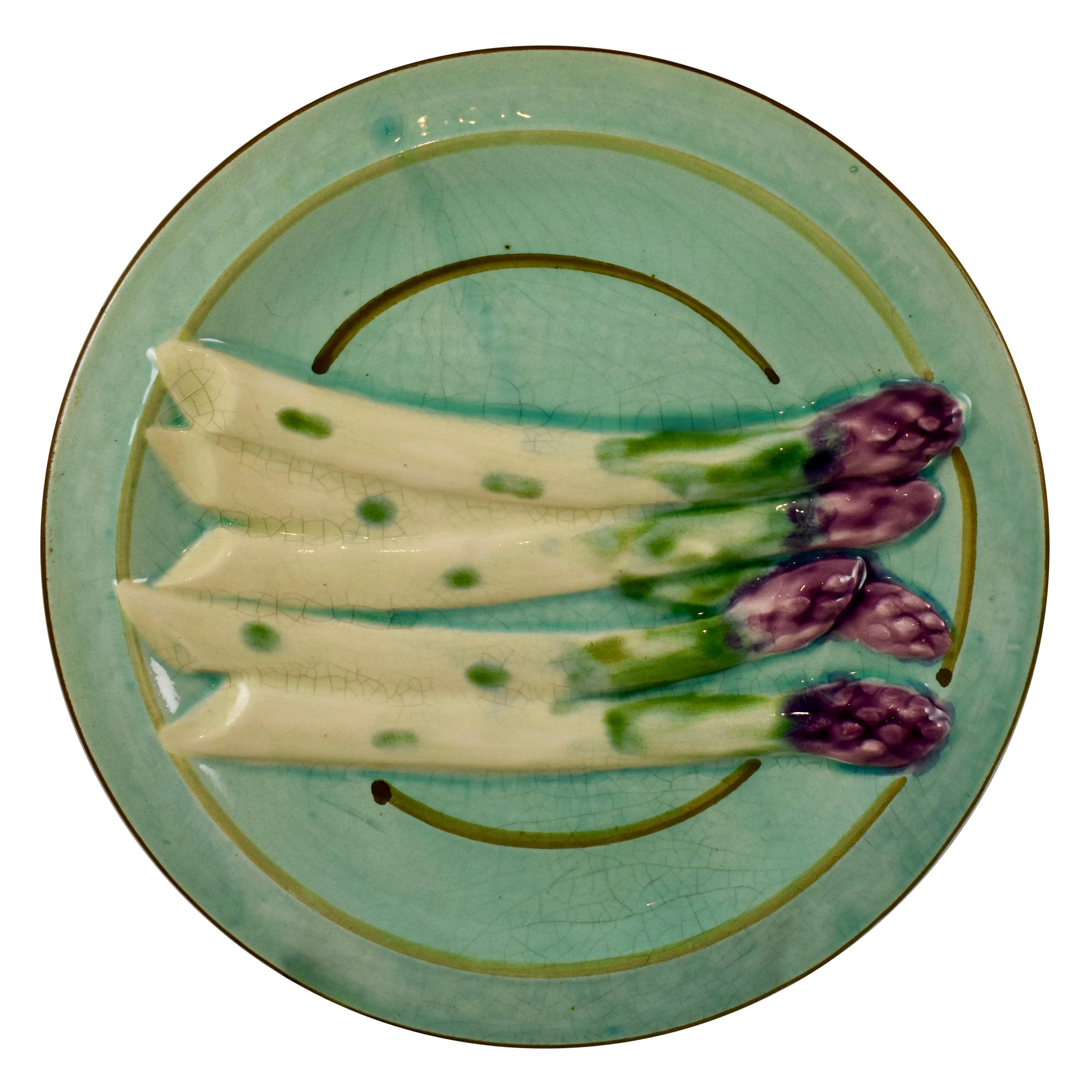 French Faïence Sarreguemines Barbotine Turquoise Hand Painted Asparagus Plate For Sale