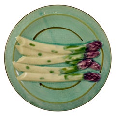 French Faïence Sarreguemines Barbotine Turquoise Hand Painted Asparagus Plate