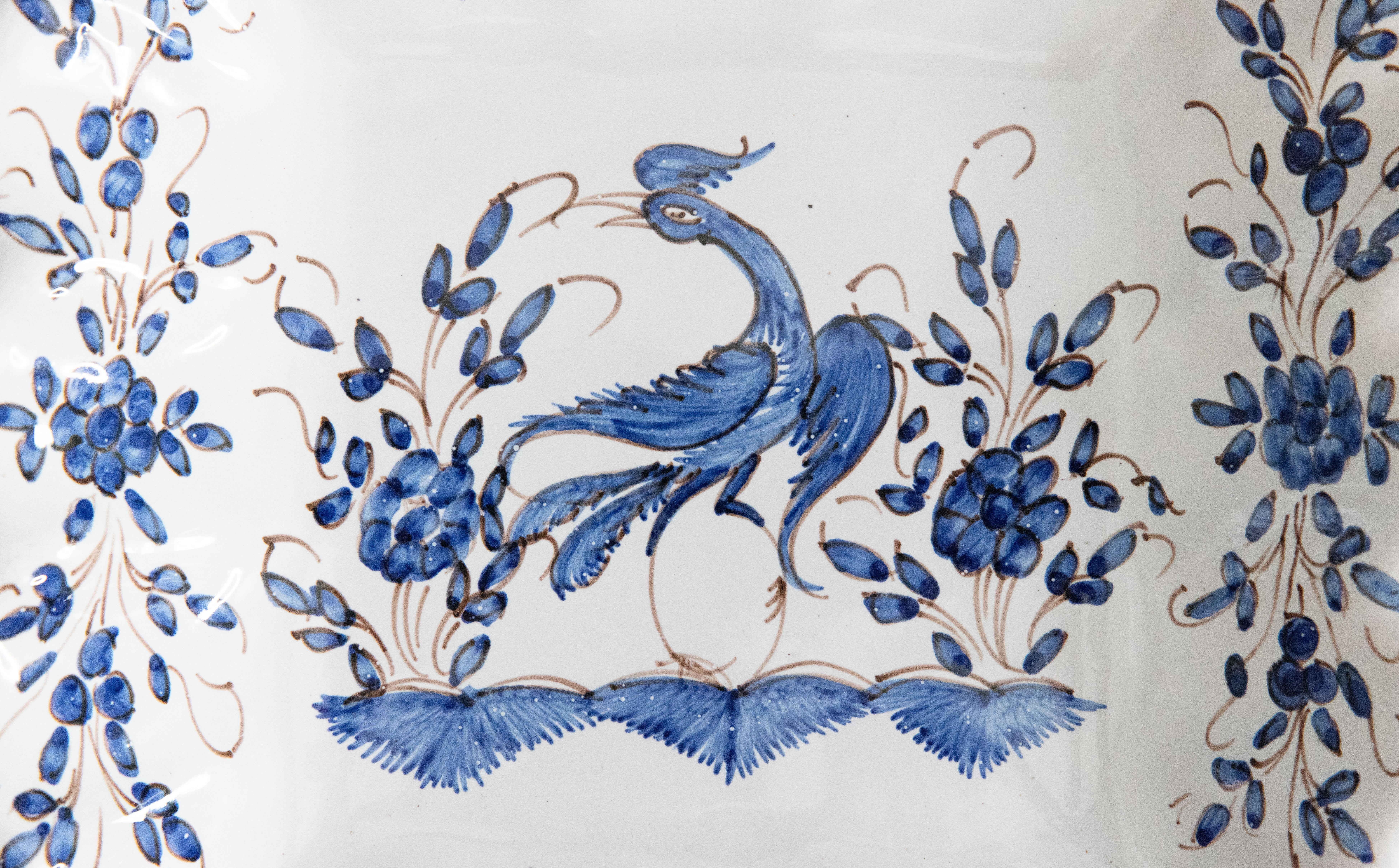 Hand-Painted French Moustiers Faience Square Scalloped Bird Dish Bowl For Sale