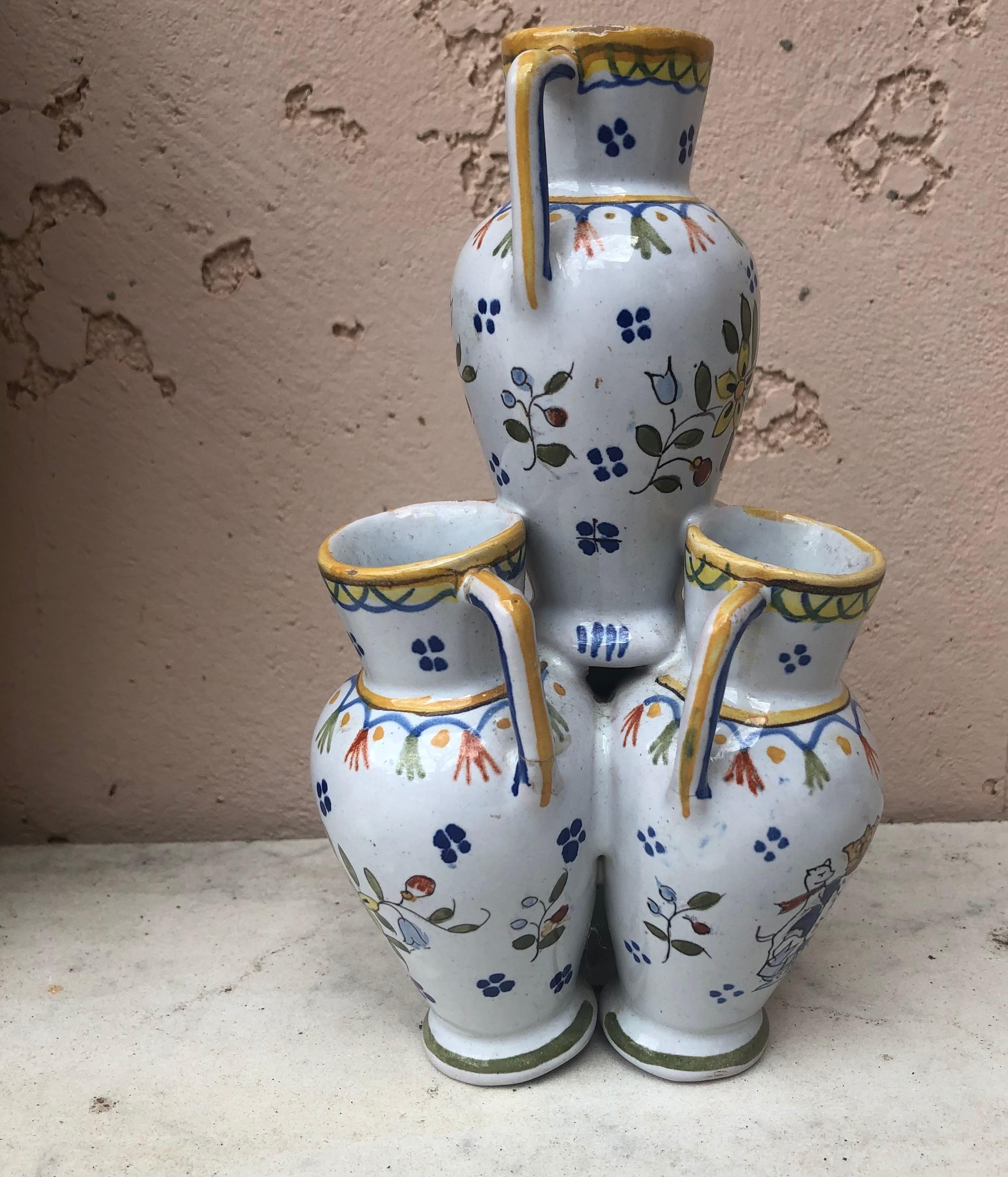 Country French Faience Triple Vase, circa 1900 For Sale