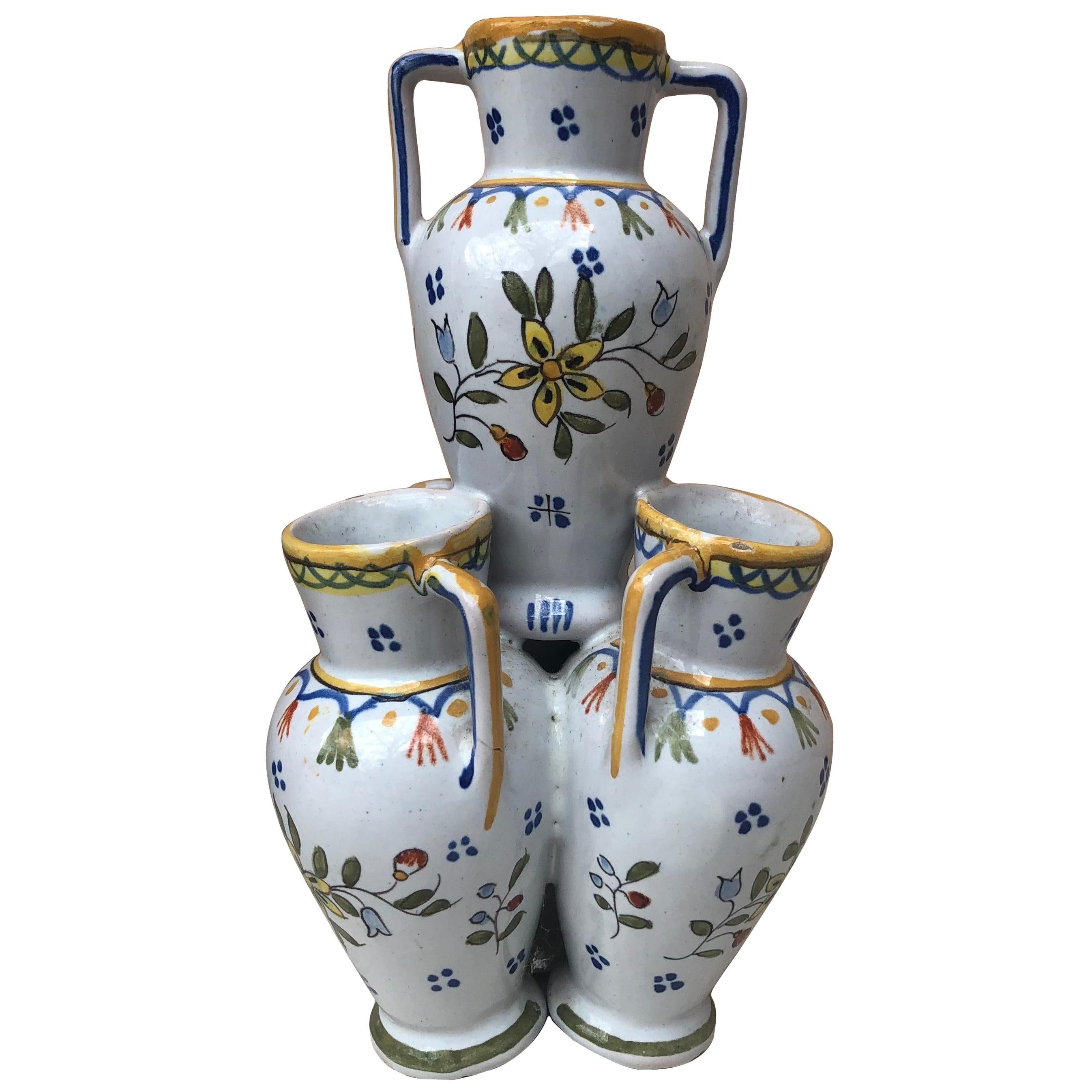French Faience Triple Vase, circa 1900 For Sale