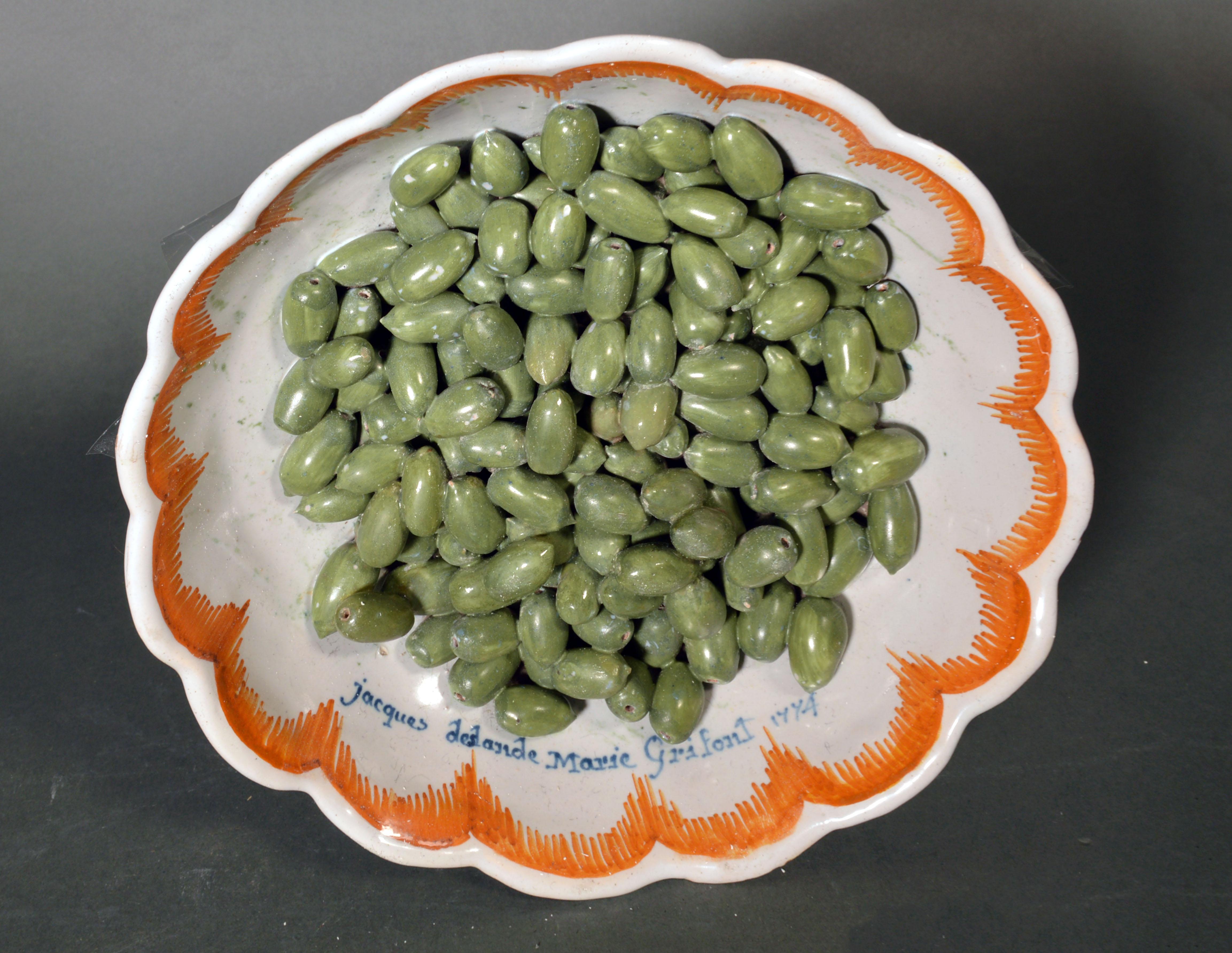 French Faience Tromp L'oeil Bowl with Olives, Nevers, Dated 1774 In Good Condition In Downingtown, PA