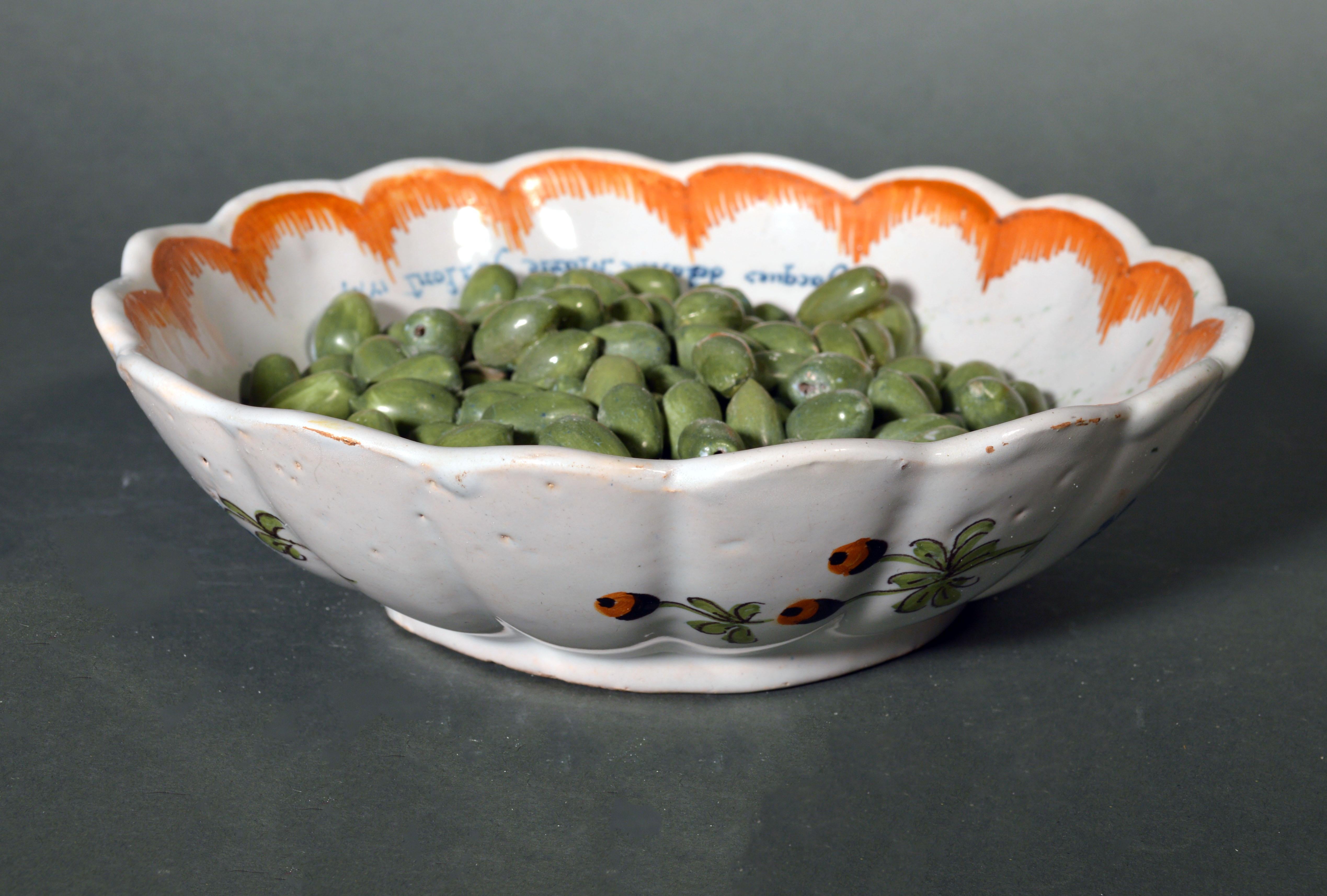 Late 18th Century French Faience Tromp L'oeil Bowl with Olives, Nevers, Dated 1774