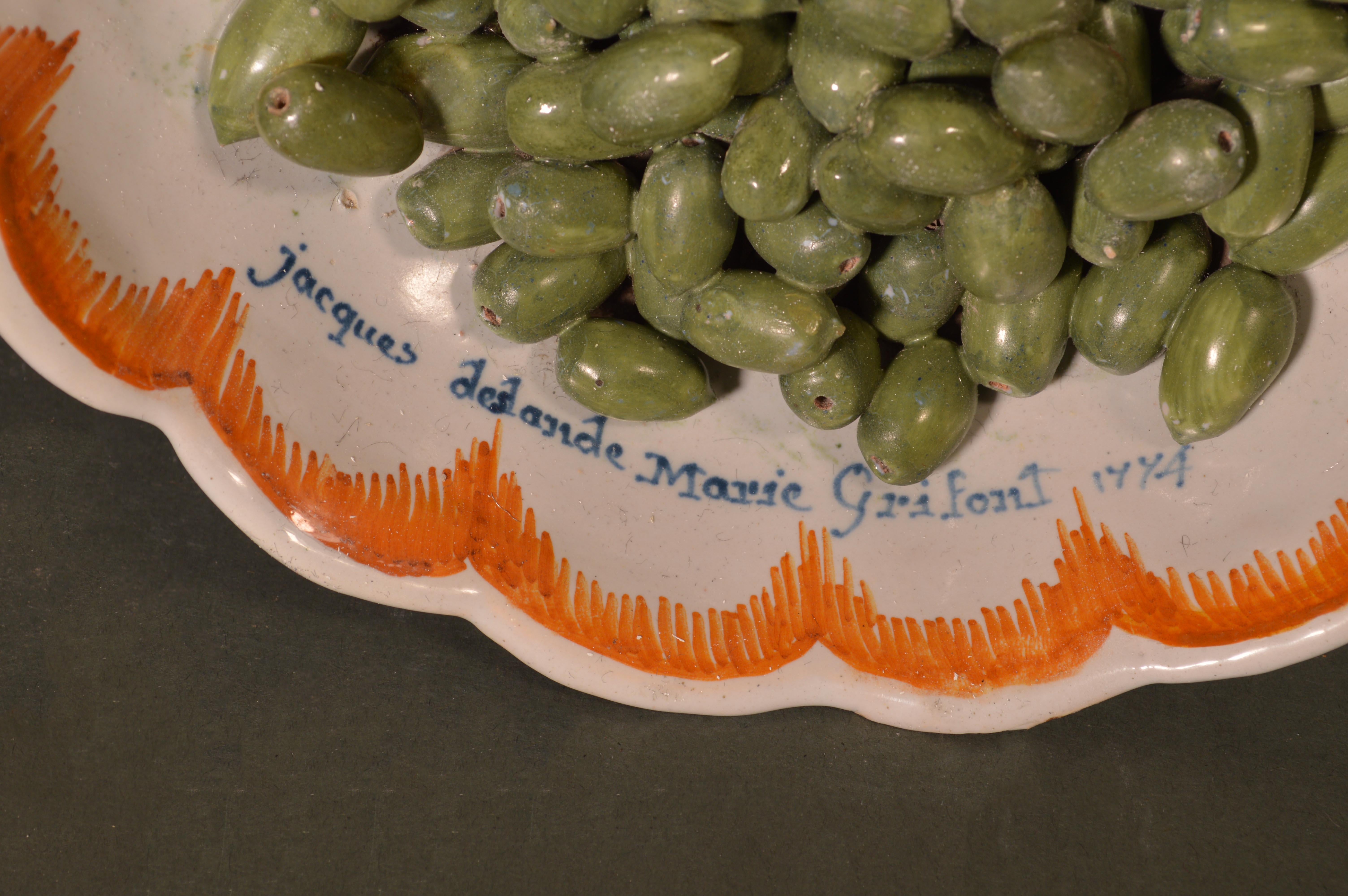 French Faience Tromp L'oeil Bowl with Olives, Nevers, Dated 1774 1