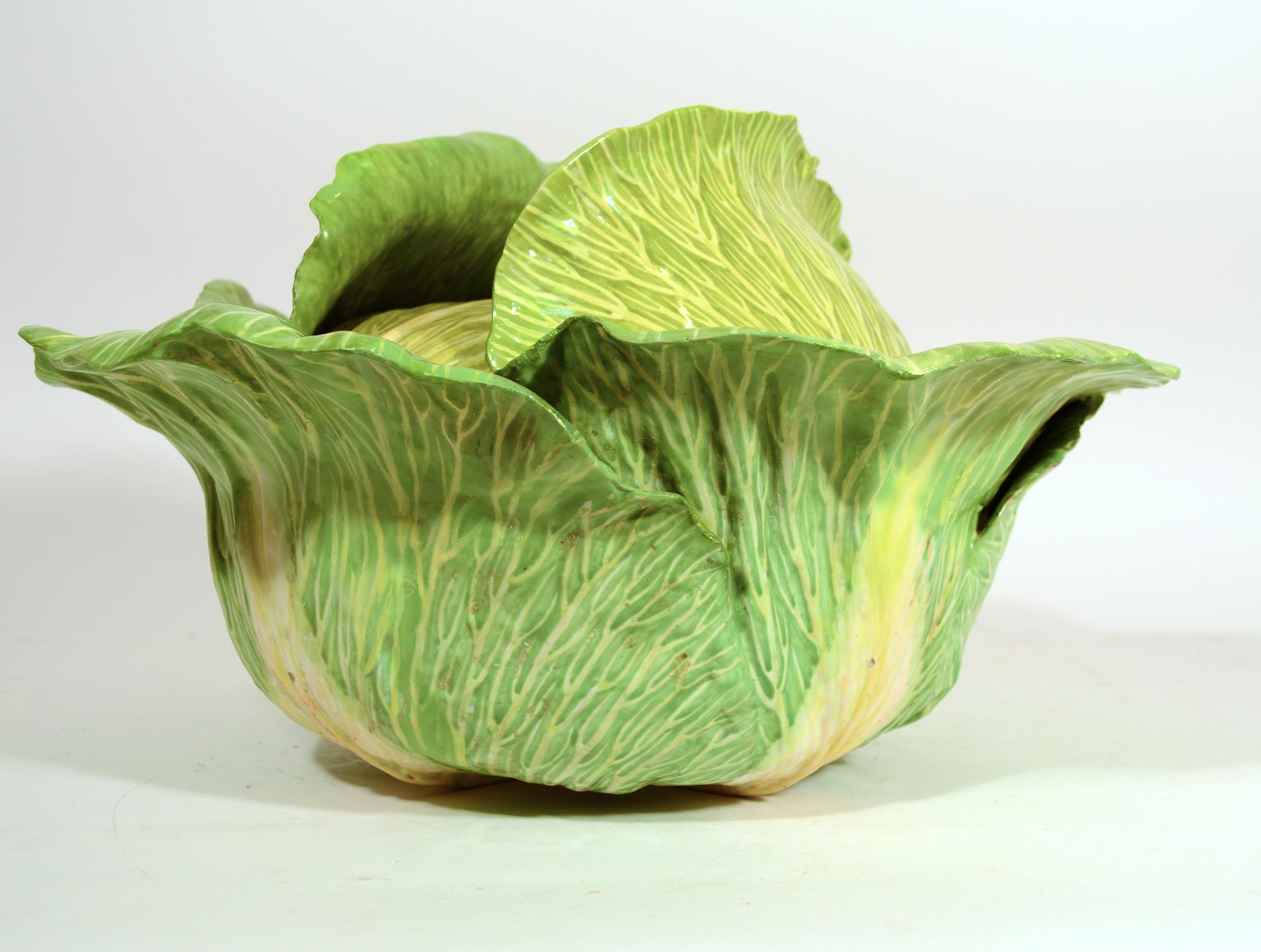 French Faience Tromp L'oeil Cabbage Leaf Tureen & Cover, Strasbourg In Good Condition In Downingtown, PA