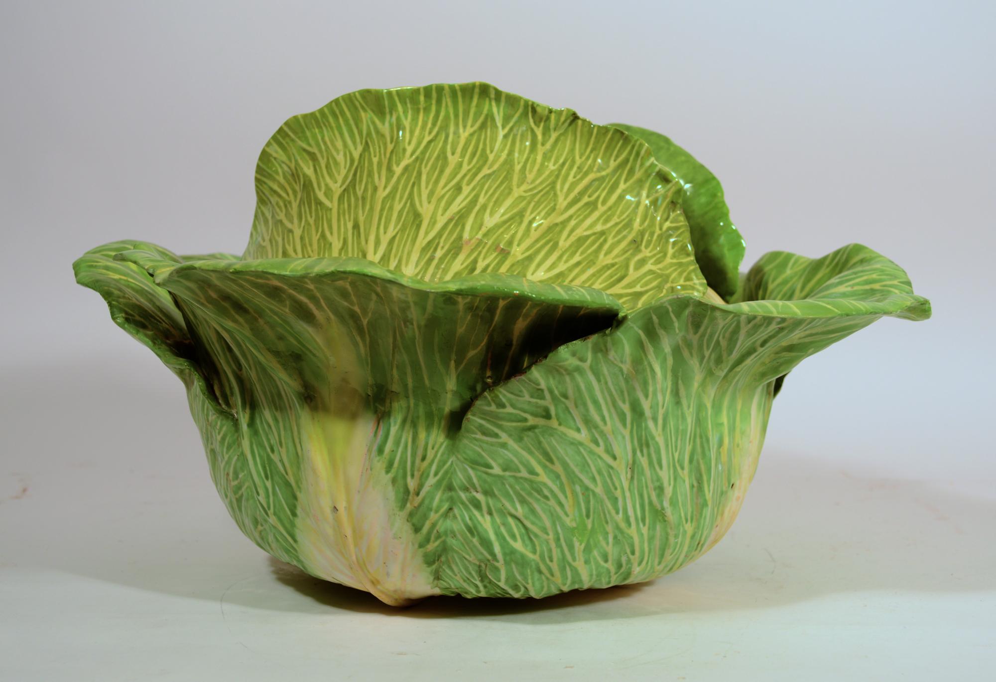 18th Century French Faience Tromp L'oeil Cabbage Leaf Tureen & Cover, Strasbourg