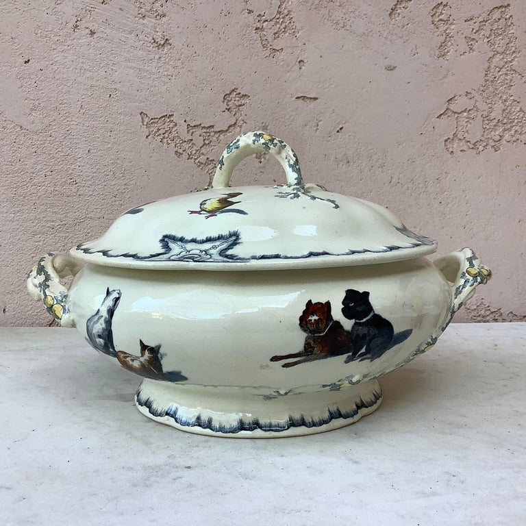 French Faience Tureen with Dogs and Cats Creil et Montereau, circa 1890