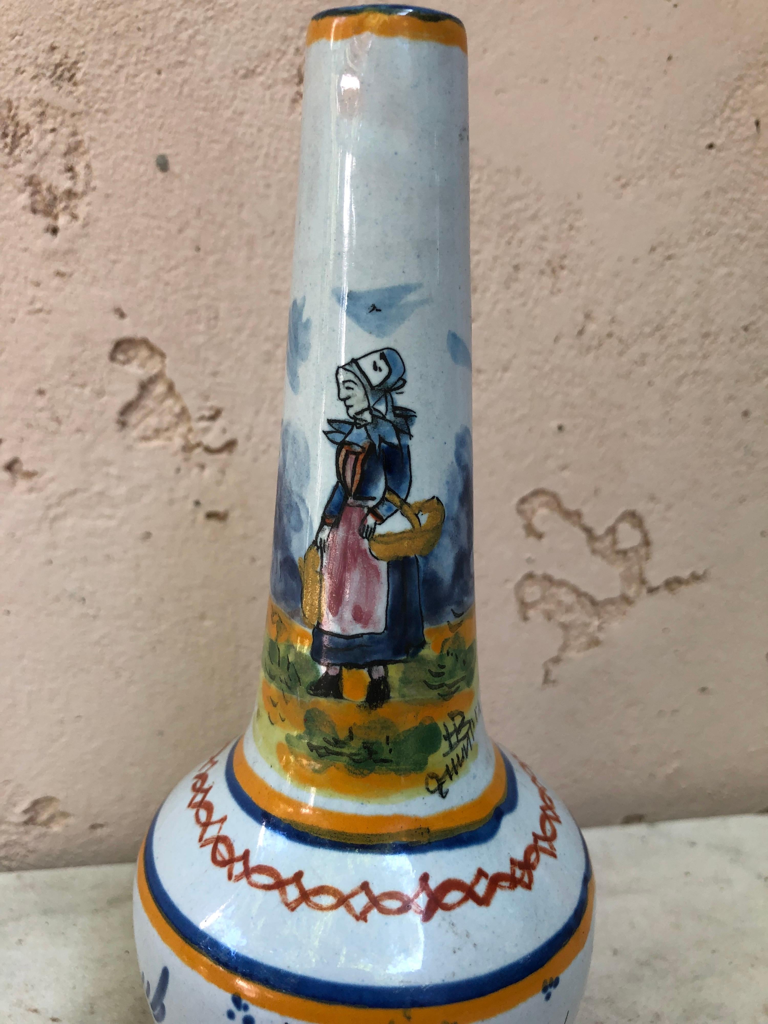 French Faience Vase HB Quimper, Circa 1900 In Good Condition For Sale In Austin, TX