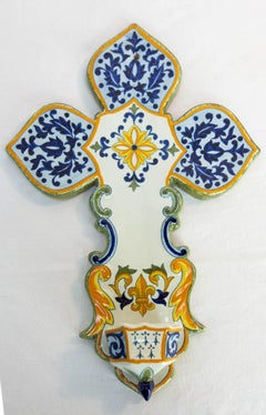 French Faience Wall Cross with Holy Water Font Henriot Quimper, 20th Mid-Century