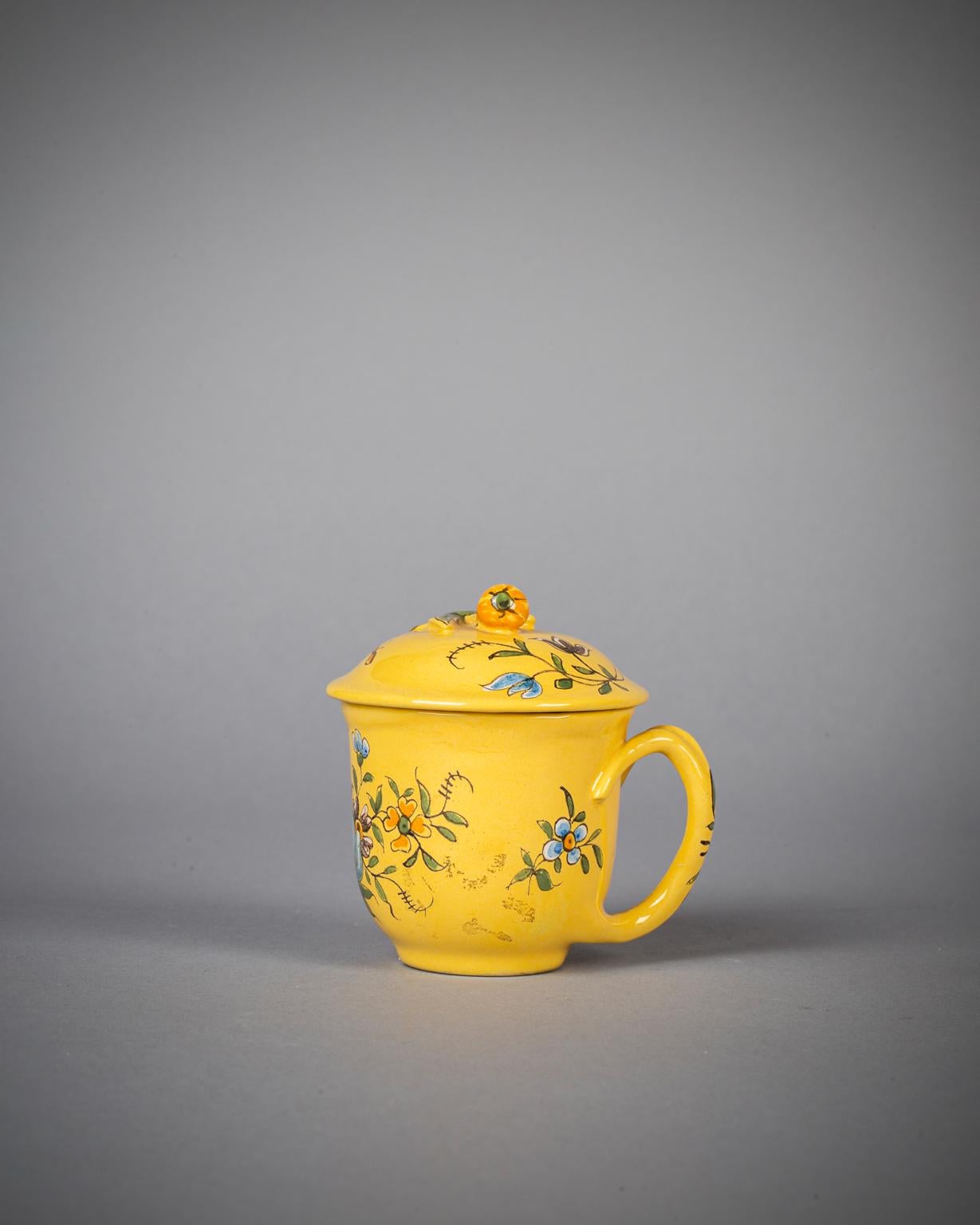 Late 19th Century French Faience Yellow Ground Pot-de-creme Set with Platter, circa 1890 For Sale